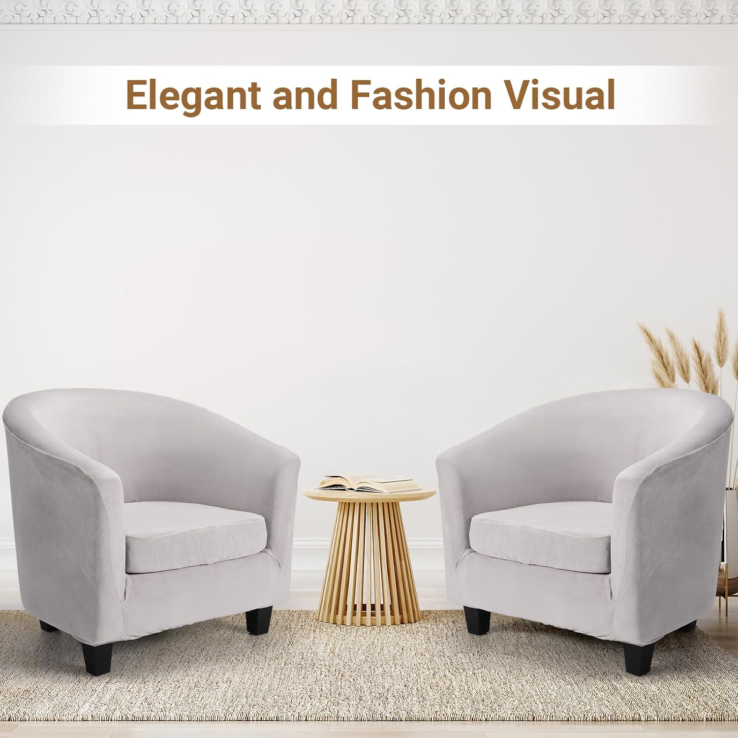 Barrel Chair Covers 2 Piece, Grey Club Tub Barrel Chair Slipcover with Cushion Cover, Soft Armchair Sofa Cover Stretch Furniture Protector with Elastic Bottom for Living Room Bar Hotel