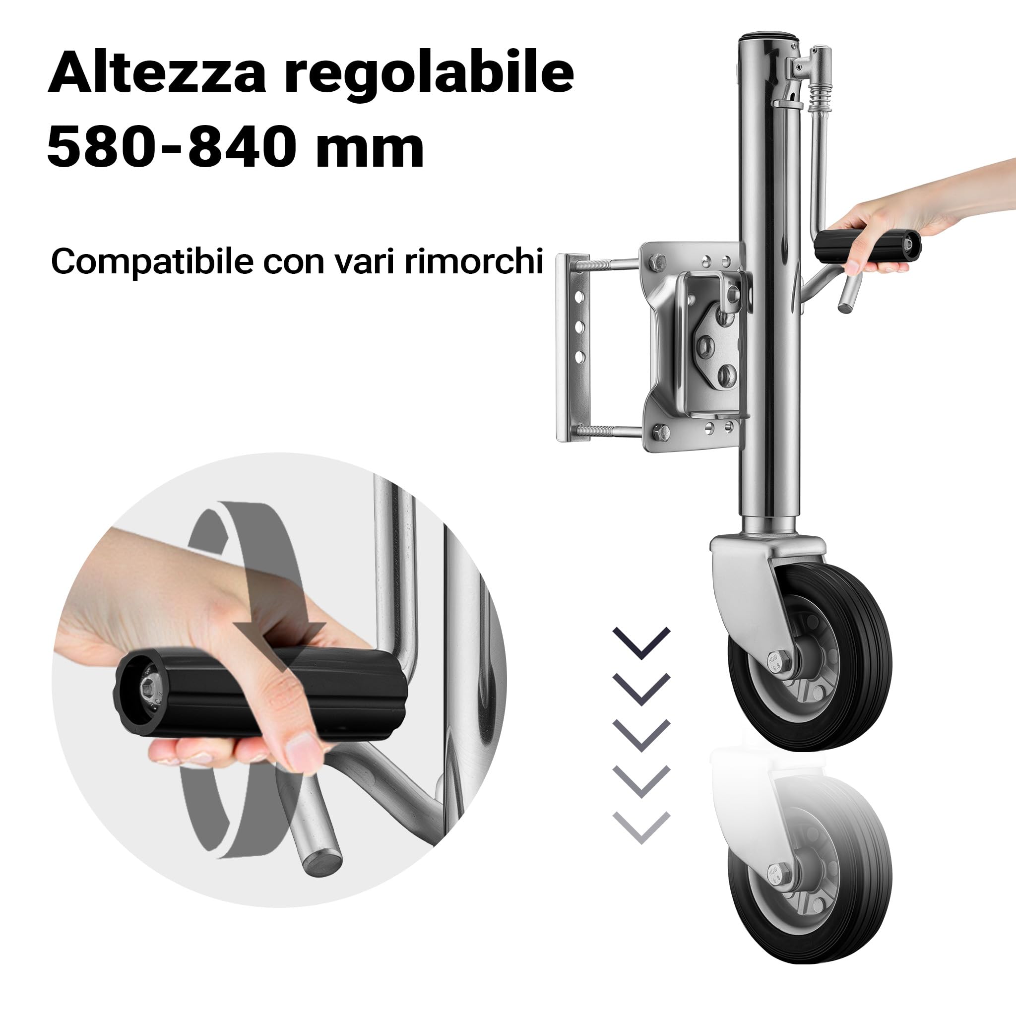 XPOtool Servotimone con Ruota 540 kg Ruotino per Carrello appendice con Staffa di Montaggio