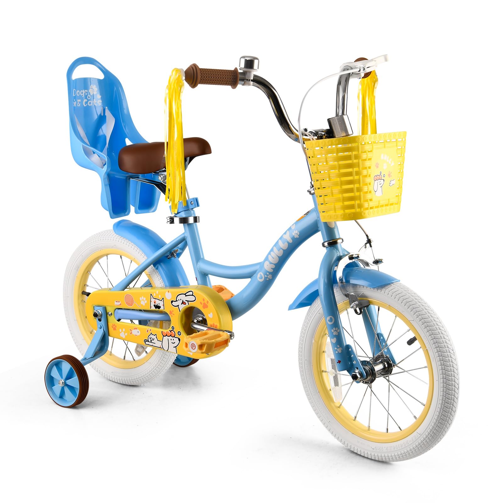 RULLY 14 Inch Girls Bike with Training Wheels, Blue Kids Bicycle with Basket & Doll Seat for 3 4 5 Years Old Toddlers, Children's Bicycle for Beginners