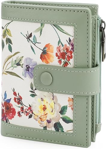 Small Wallet for Women, Mini Slim Billfold with RFID Blocking, Credit Card Holder with Zipper Coin Pocket, Flower Print, Green