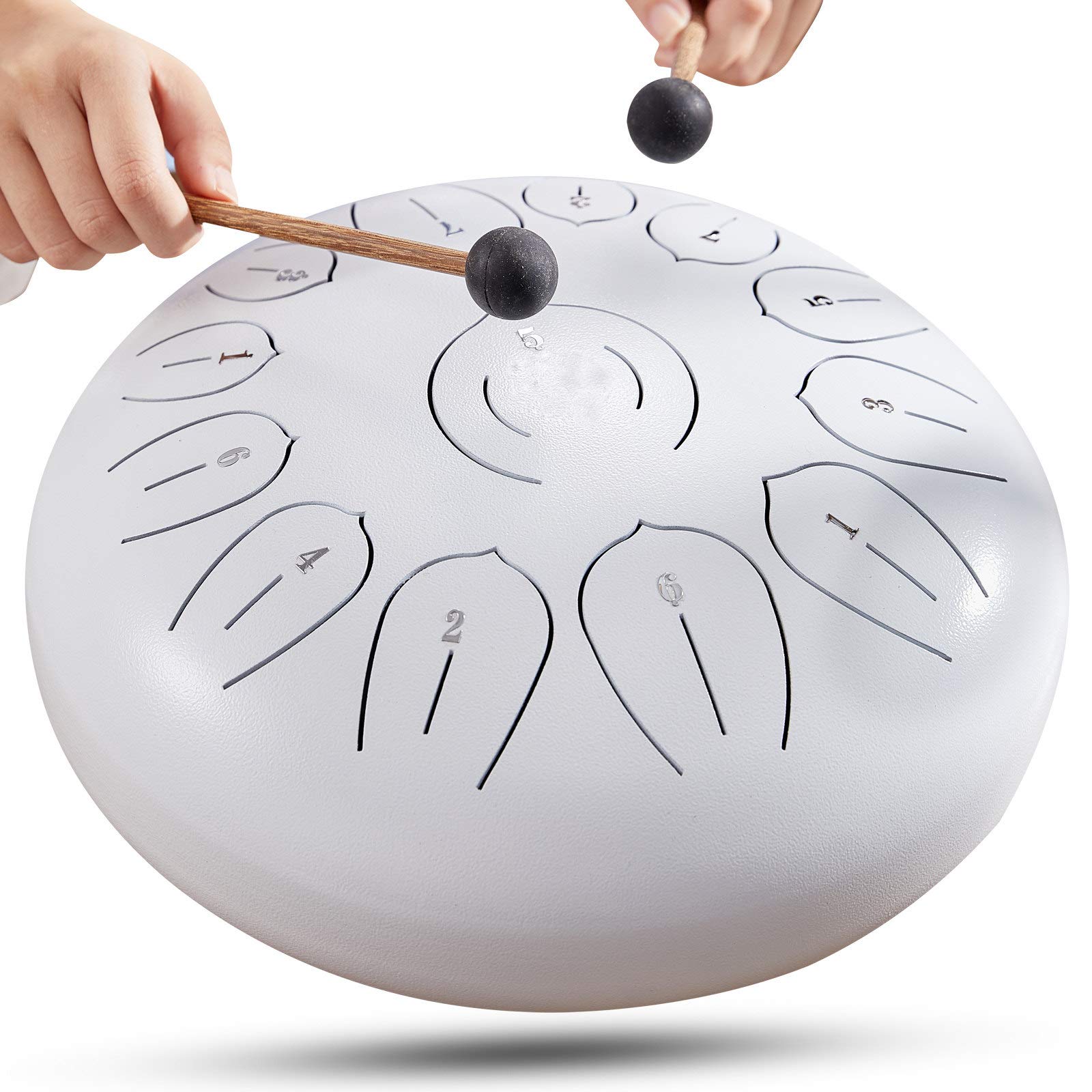 Tongue Drum Steel, 13 Notes Steel Tongue Drum, 12-calowy ręczny bęben pan z bardzo szerokim zakresem, Music Book i Drum Mallets Carry Bag, instrumenty perkusyjne, biały