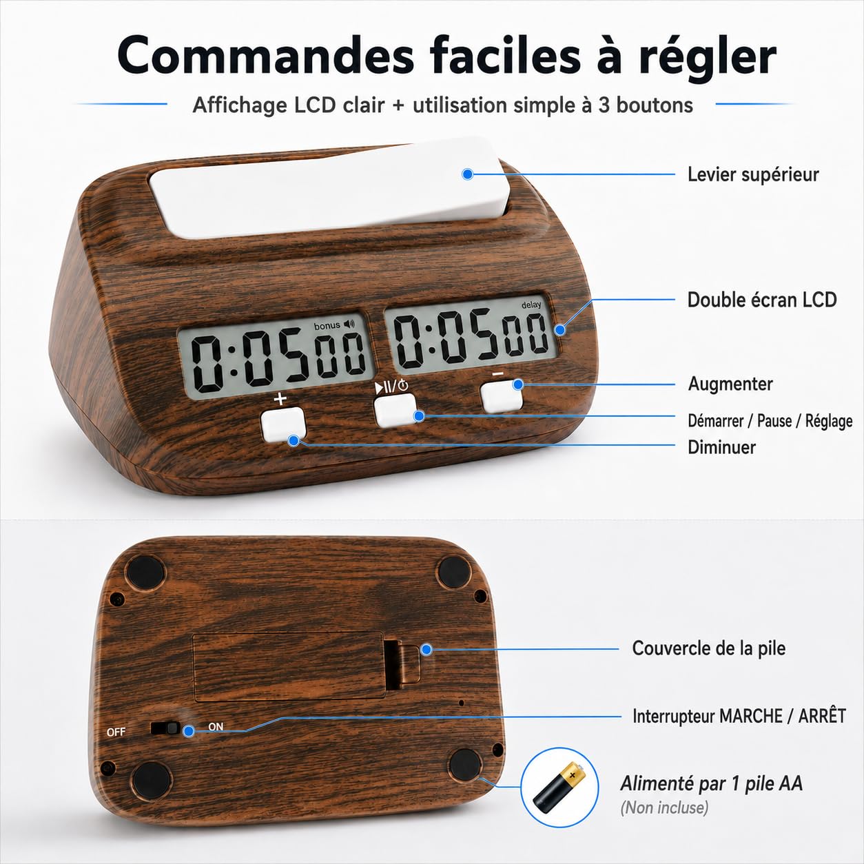 Horloge D'échecs Numérique Professionnelle, Minuteur Échec Electronique avec Compte à Rebours/Bonus/Retard, Pendule Echec Bois, Échiquier Electronique, pour Échecs, Jeu de Go et Gobang