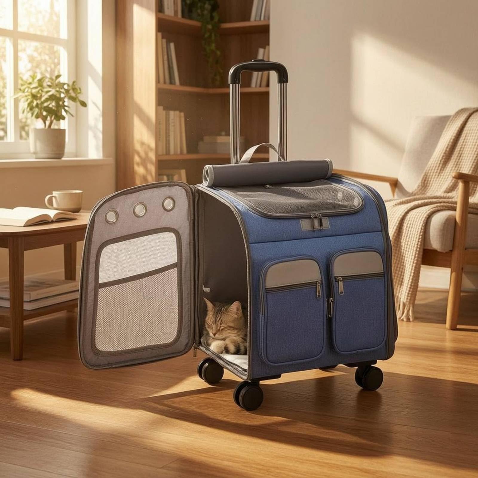Transportín para Gatos con Ruedas Mochila Carrito y Bolsa Oxford con Paneles de Ventilación Cremallera Apertura y Gran Acceso Adecuado para, Gris, 40.9 Largo X 30 Ancho X 42.9 Alto Cm