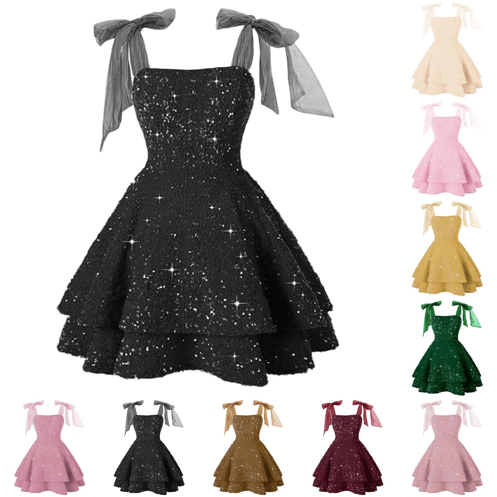 Generisch Vestito da donna con paillettes, abito da cocktail corto, abito da sera con spalline sottili, mini abito con fiocco, elegante, a maniche lunghe, abito premaman