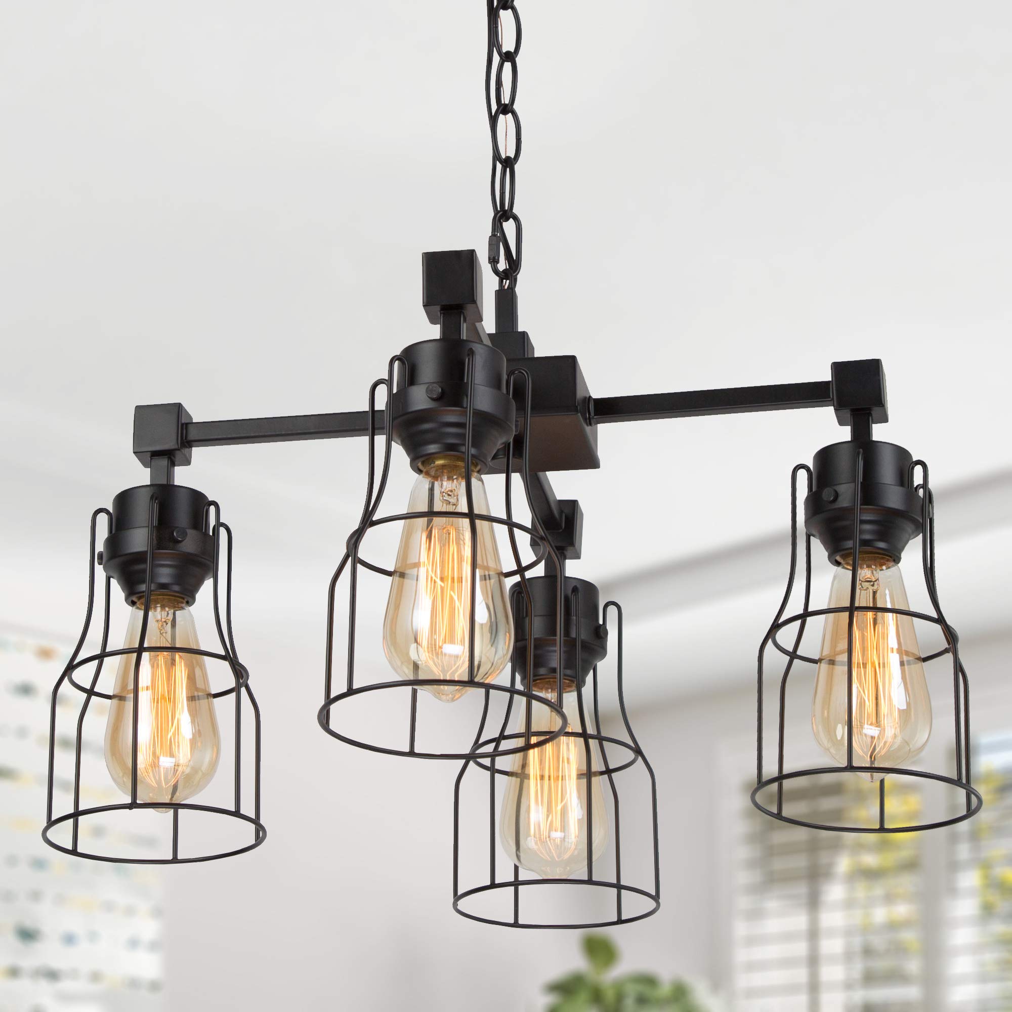 LNC Black Chandelier, 4-Light Farmhouse Chandelier for Kitchen Island, Foyer, Entryway, 20'' Dining Room Lighting Fixtures Hanging with Metal Cage Shades