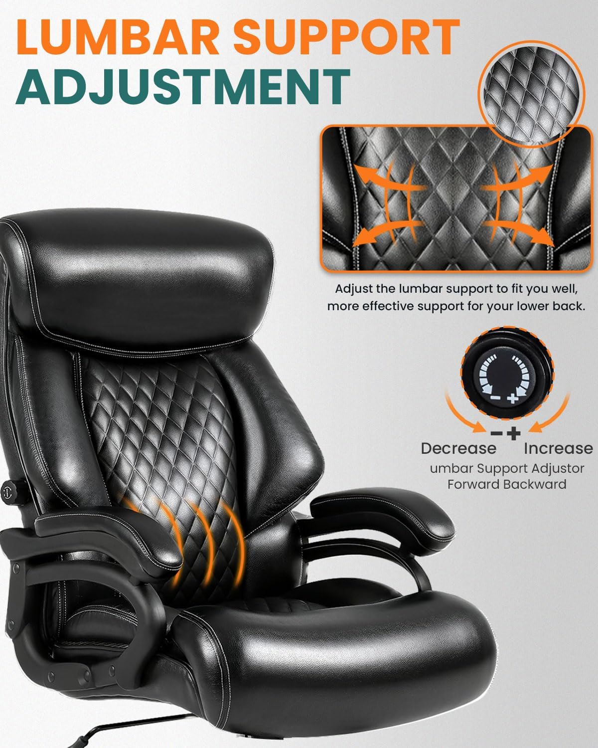 Chair showing adjustable lumbar support with control knob