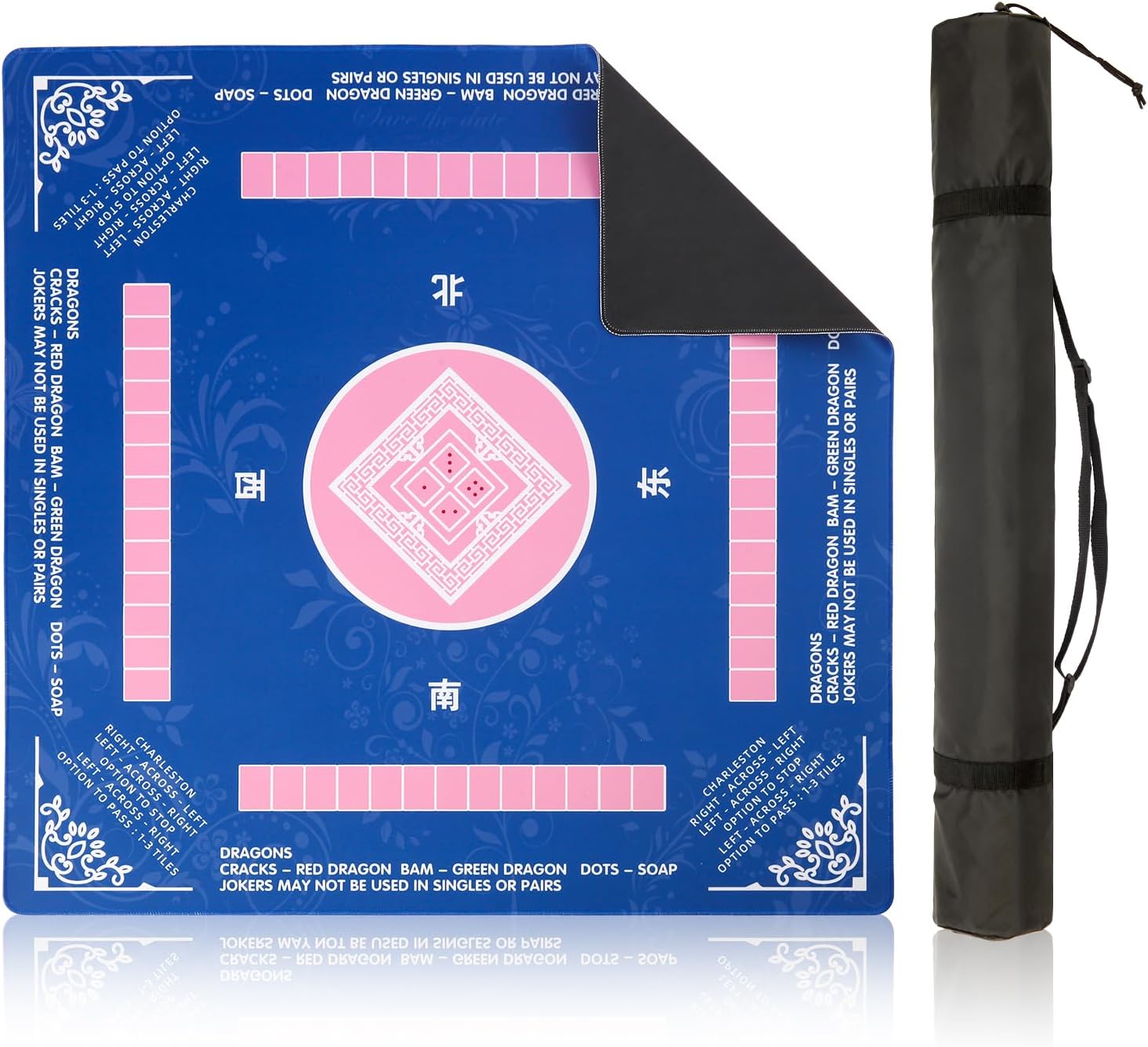 Non-Slip Noise Reduction Mahjong Mat with Carrying Bag & Game Rules, 31.5" x 31.5" Inch Multi-Game Table Mat for Mahjong, Poker, Card, Board Games, Tile Games & Dominoes (Blue & Pink Vintage)