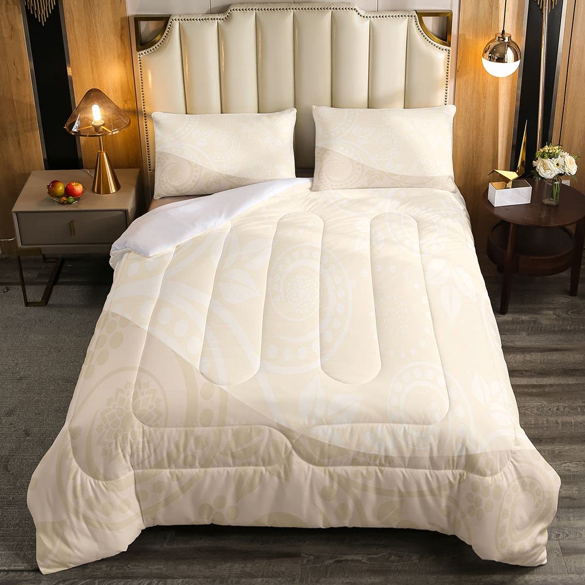 Loussiesd Classic Victorian Style Monochrome Damask Background Soft Duvet Swirl Floral Bedding Set Kids Girls Boys Beige Cream Room 3Pcs King Size — image 1