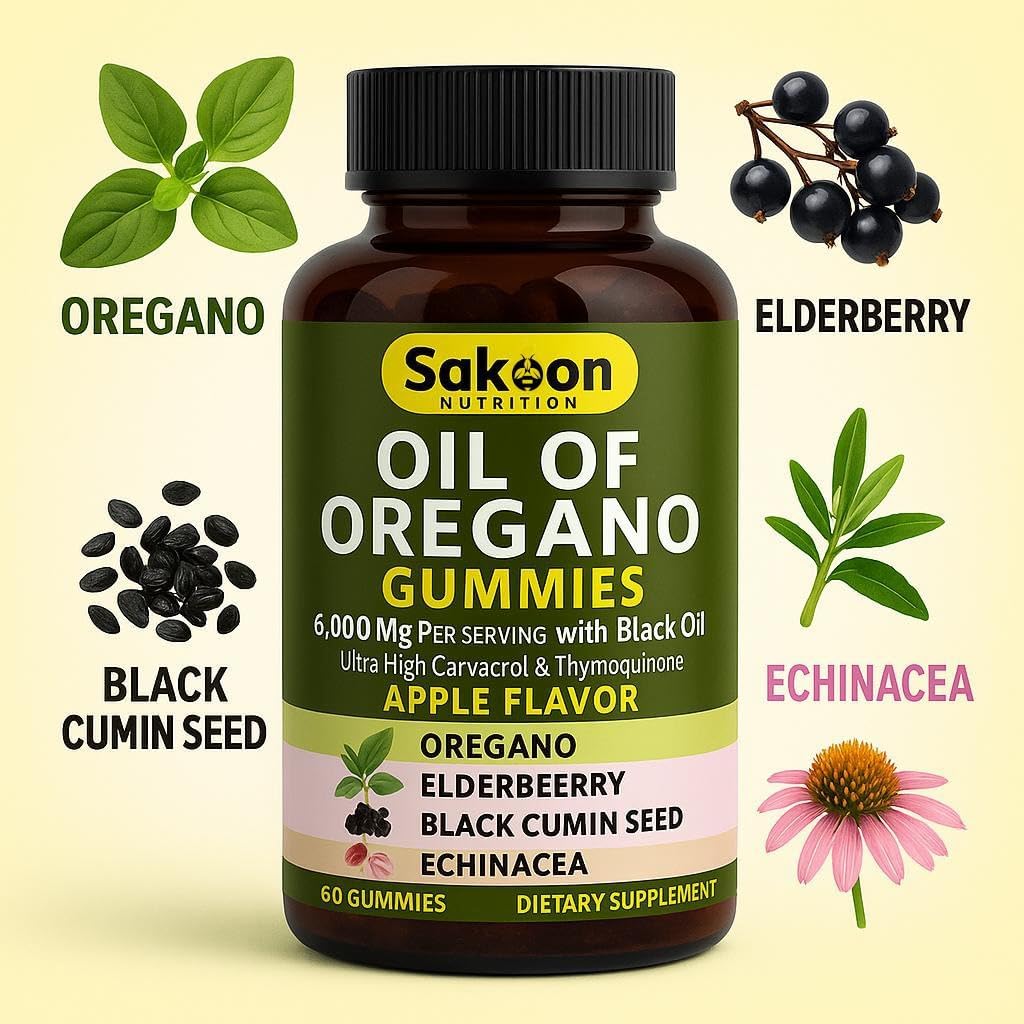 Sakoon nutrition Oil of Oregano Gummies – Immune Support with Oregano Oil 300mg, Black Cumin Seed, Elderberry, Echinacea – Antioxidants & Respiratory Health – Vegan, Non-GMO, Tasty Herbal Supplement - Image 3