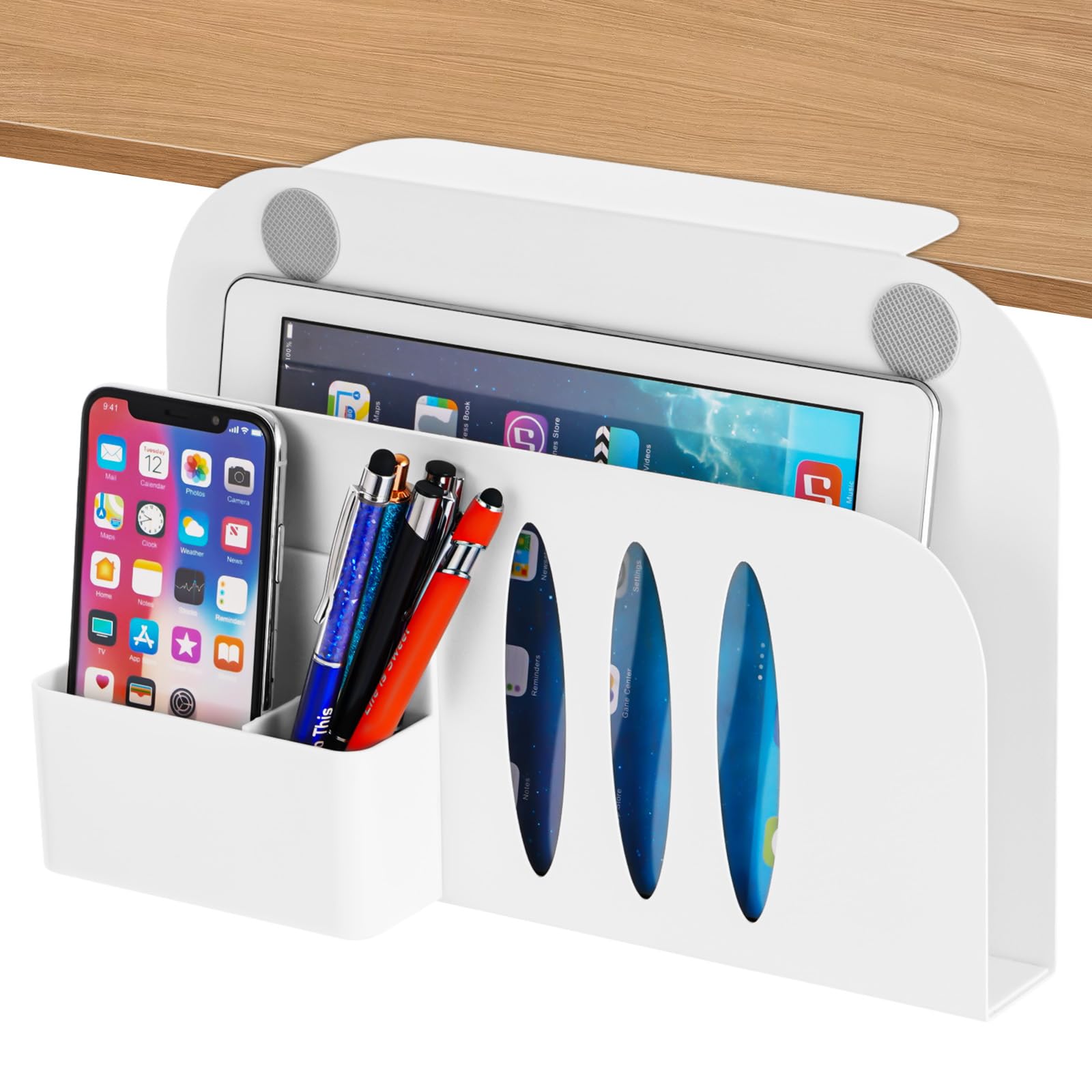 FACULX No Drill Desk Side Storage, Hanging Desk Organizer, Under Desk Cable Management Tray, Under Desk Laptop Holder with Pen Holder and Cable Clamp for Office and Home (White)