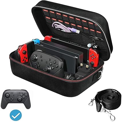 Carrying Hard Shell Storage Case Compatible with Nintendo Switch, Portable Travel Casre with Shoulder Strap, Waterproof Large Hard Case for Switch Console,18 Game Cards Hold and Rubberized Handle