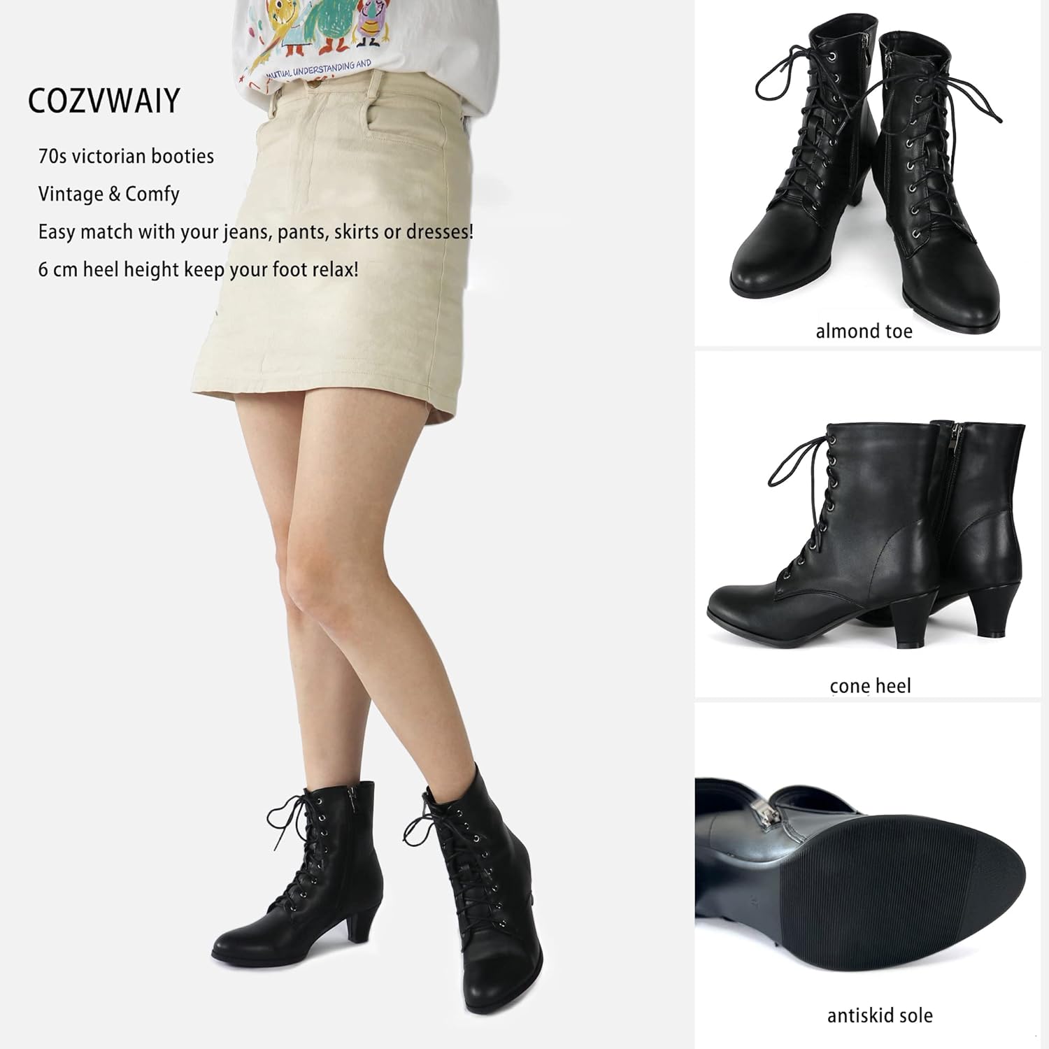 Cozivwaiy Women Vintage Victorian Boots 70s Lace up Ankle Boots Mid Heel Witch Granny Booties Costume Shoes Cone Heel Zipper Almond Toe - Image 4