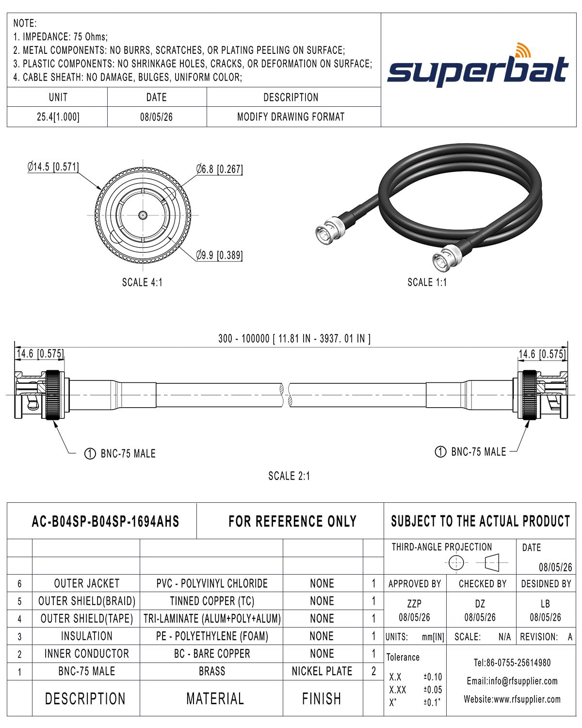 Superbat Cavo SDI 3G/6G/12G 1m Cavo Audio Digitale BNC Maschio a Maschio Belden 1694A 75 Ohm Nero per Telecamere e Attrezzature Video, Supporta HD-SDI/3G-SDI/4K/8K(1 pezzo)