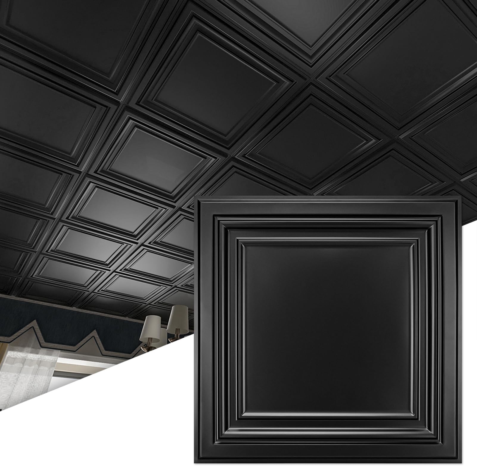 Art3d 12-Pack PVC Drop Ceiling Tiles (48 Sq.Ft), 24"x24" Decorative Panels for Home and Office, 2ft x 2ft, Matte Black