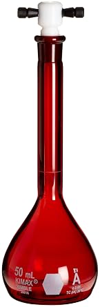 Kimax 28016-50 Glass 50mL, +/- 0.05mL Tolerance, Round with Flat Bottom Ray-Sorb Class A Volumetric Flask, with Color-Coded PTFE Stopper Pack of 6