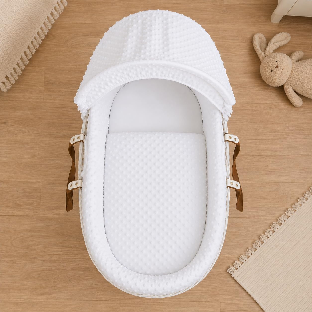 For Your Little One Moses Basket Bedding Set – Waffle & Dimple Designs with Hood, Quilt & Bumper | Soft & Breathable (Moses Basket Not Included!) (Dimple, White)