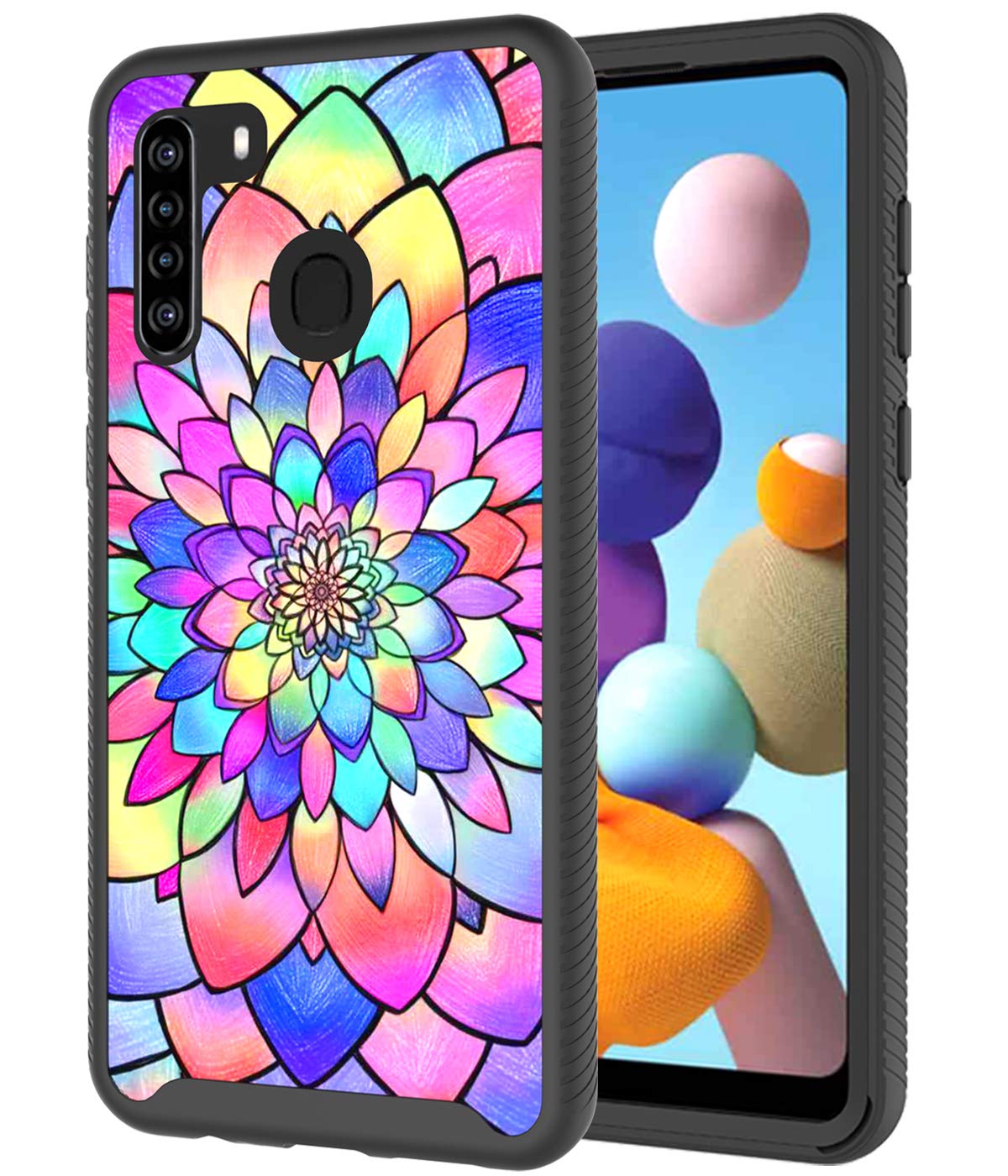 LEXNECCase for Samsung Galaxy A21,Samsung Galaxy A21 Design Cute Case,Full Hybrid Dual Layer Armor Protective Girls Women Boys Men Floral Flower Phone Case Cover (6.5",2020) [Rainbow Flowers]