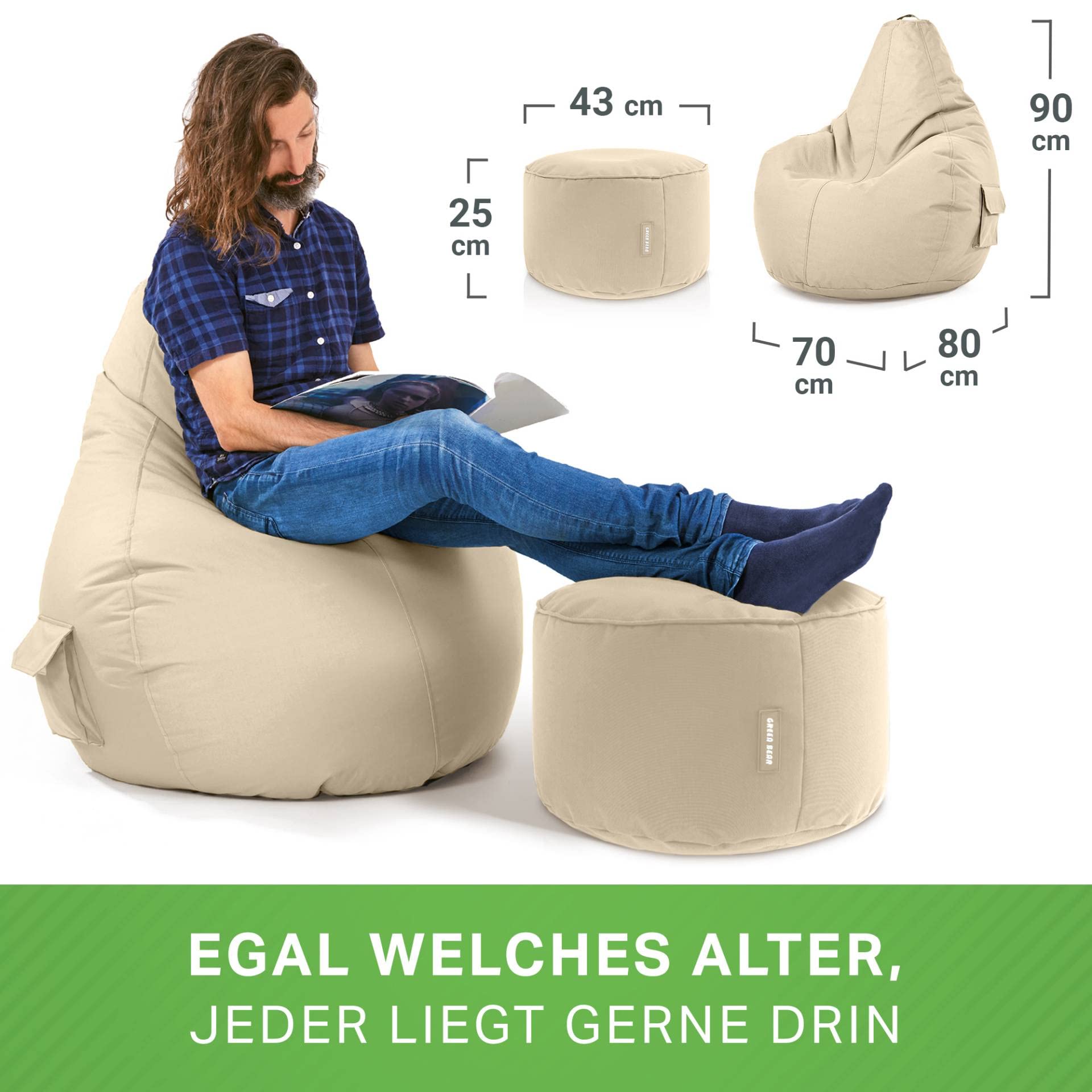 Green Bean Pouf Sacco Cozy + Sgabello Quadrato - Già Riempito, Lavabile, Antimacchia, Per Bambini E Adulti, Verde