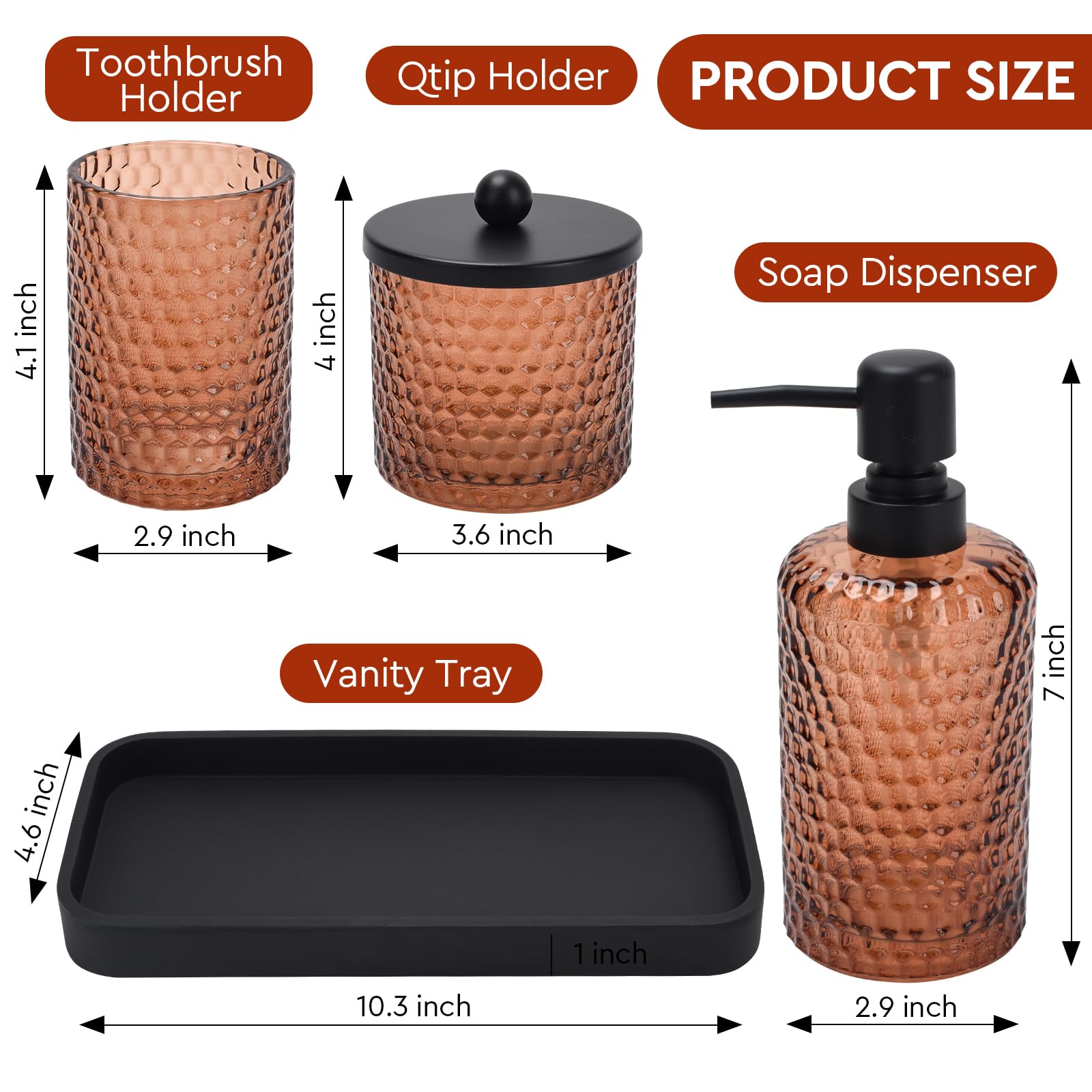 Set di accessori per il bagno, 4 pezzi in vetro ambrato set di accessori da bagno - dispenser sapone lozione, portaspazzolino, dispenser Qtip Holder e vassoio in resina, organizer da banco, ambra