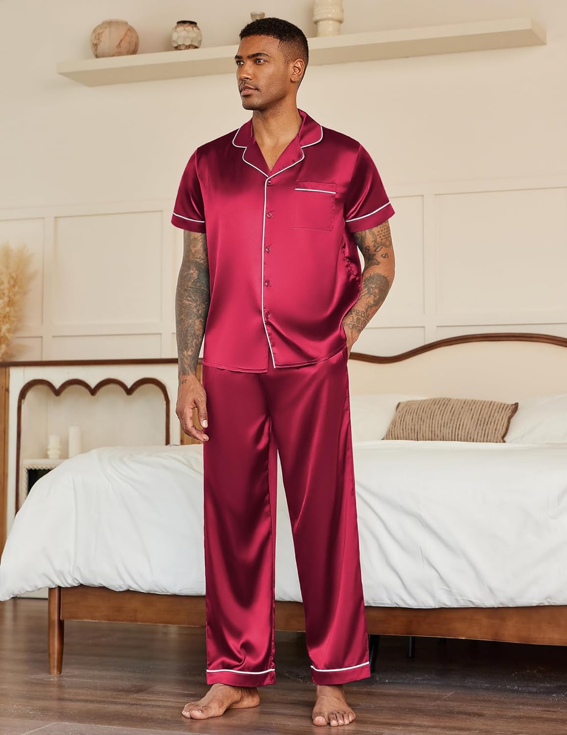 Ekouaer Mens Satin Pajama Set Short Sleeve Button Down Sleepwear Classic Loungewear Set with Long Pants - Image 4