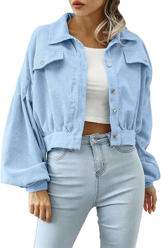 Women Corduroy Cropped Jacket Lapel Lantern Sleeve Button Down Coat