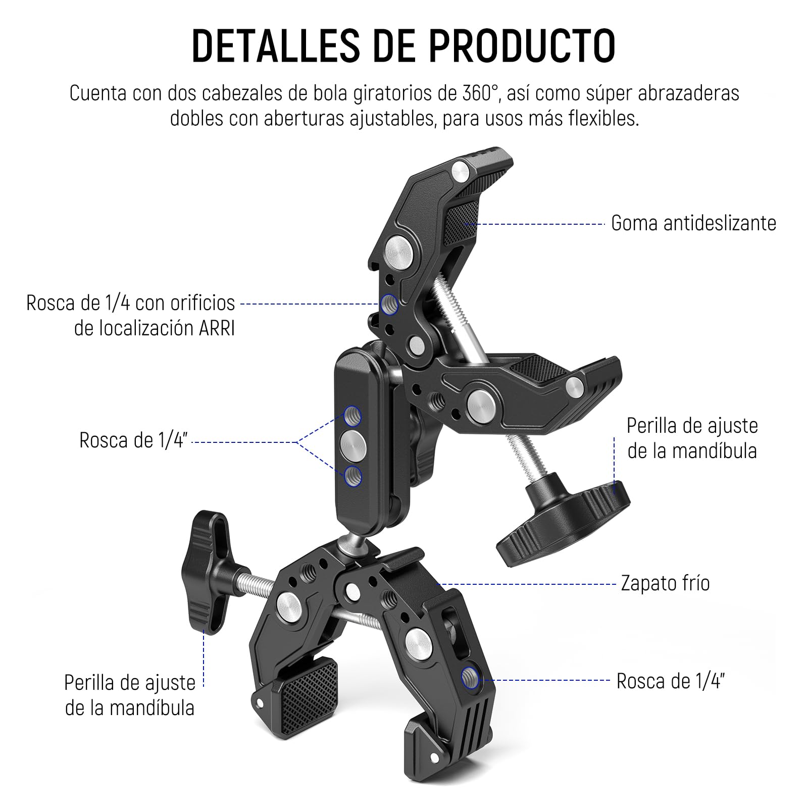 Neewer Soporte de cámara de Doble Abrazadera con Brazo mágico, Zapatos fríos para Escritorio, Estudio, Soporte de luz, Reflector de fotografía, Bandera, Barras transversales, Motocicleta, Paraguas,
