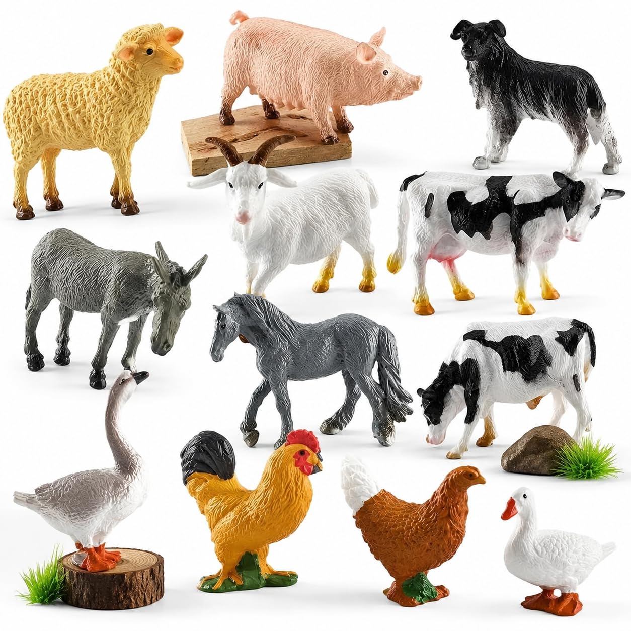 Gryphix 12 Pcs Realistic Farm Animal Figures, Multi-color PVC Barnyard Animals Figurines Toy Set, Educational Learning Playset and Cake Toppers for Kids Toddlers Sandbox Play, 13 x 10 x 2.3 cm