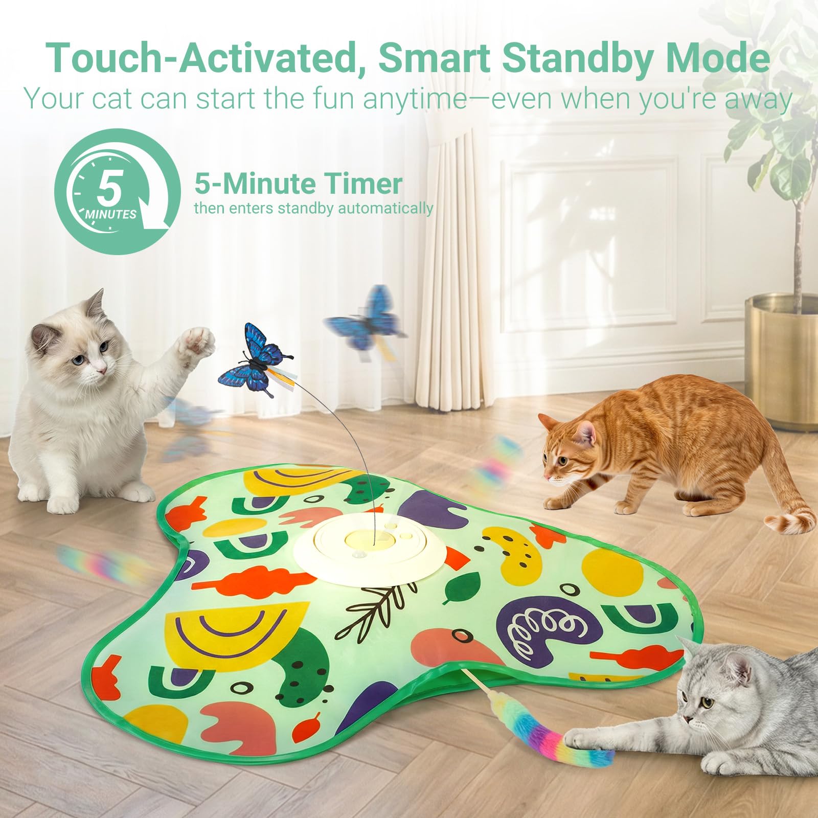 Interactive Cat Toy for Indoor Cats, Recargable Touch Activated Kitten Toy with Dual Motion Butterfly & Feather Tail, 3 Speed Automatic Smart Play for Ejercise & Boredom Relief