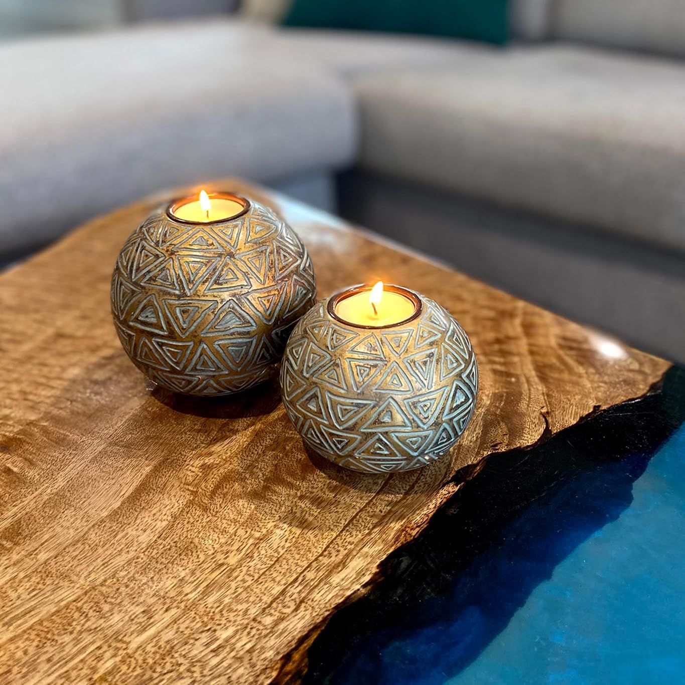 Rustic Gold Orb Tea Light Candle Holders - (Gift Boxed Set of 2 Aurum Collection) Coffee Table Decor (Triangular Pattern, Gold and Gray)