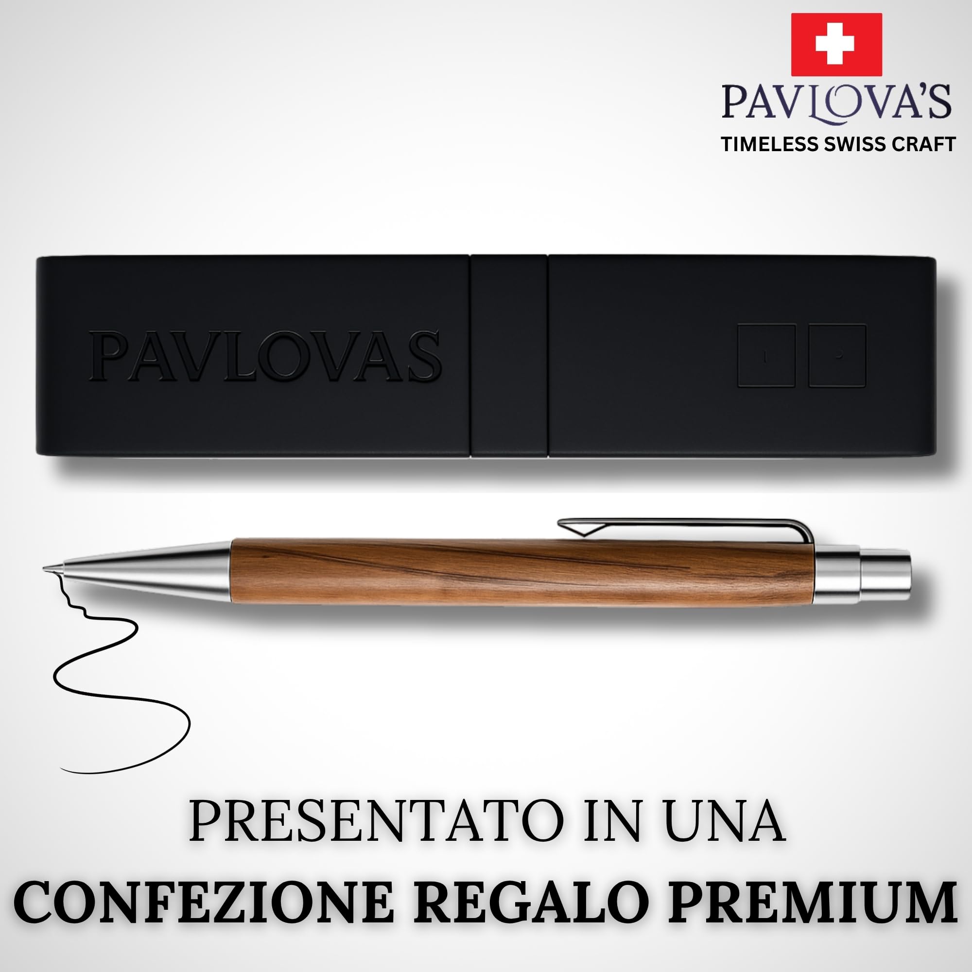 PAVLOVA'S Penna a Sfera in Noce e Acciaio Inossidabile – Artigianale Svizzera – Design Ergonomico – Confezione Regalo – Mina Nera e Ricambio Blu – Garanzia 10 Anni – Edizione Limitata