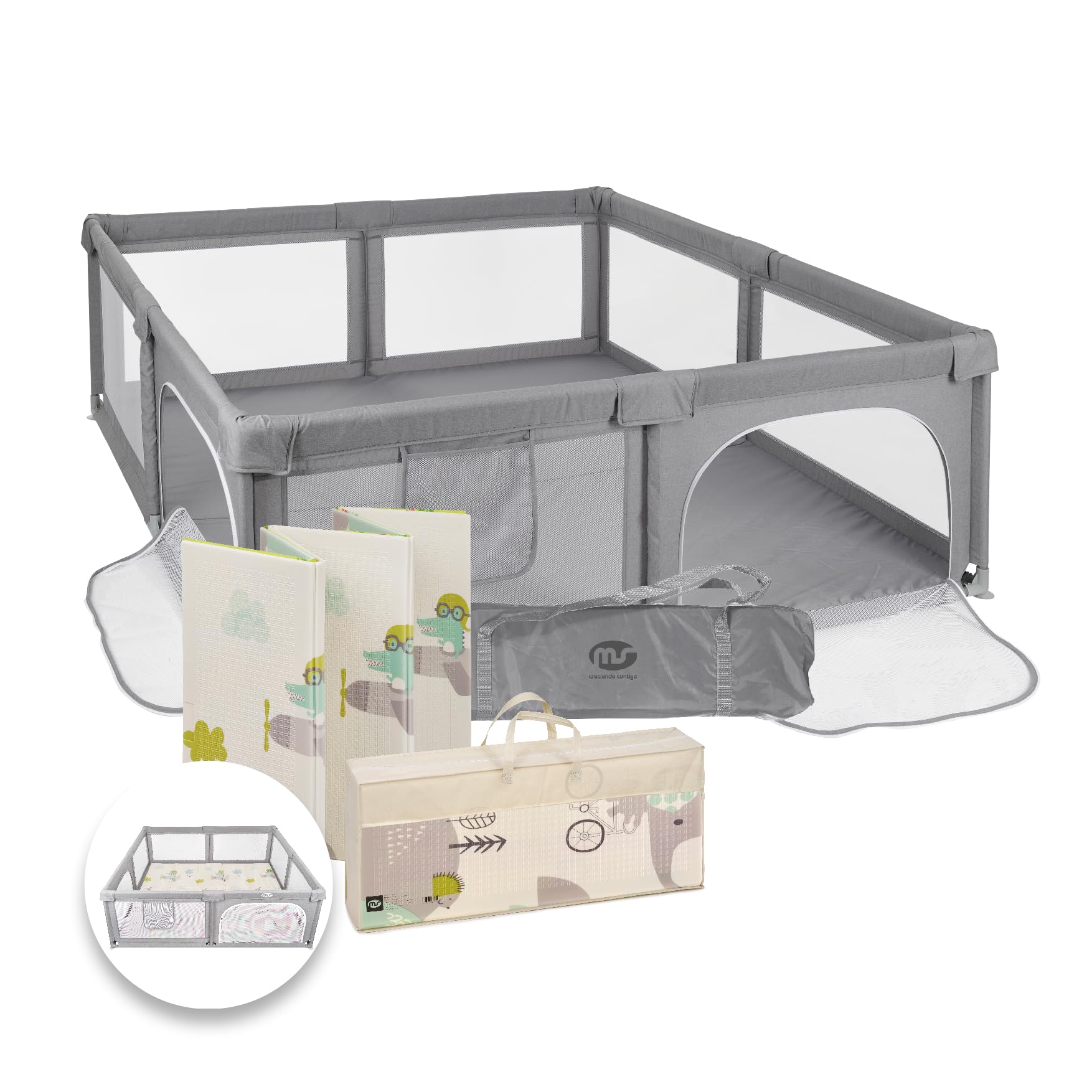 MS BabyWorld - PARC XXL + TAPIS TRENDY - Tapis de Jeu pour Bébé (180x200 cm) Réversible | Très Rembourré (1 cm d’Épaisseur) | Pliable avec Sac de Transport