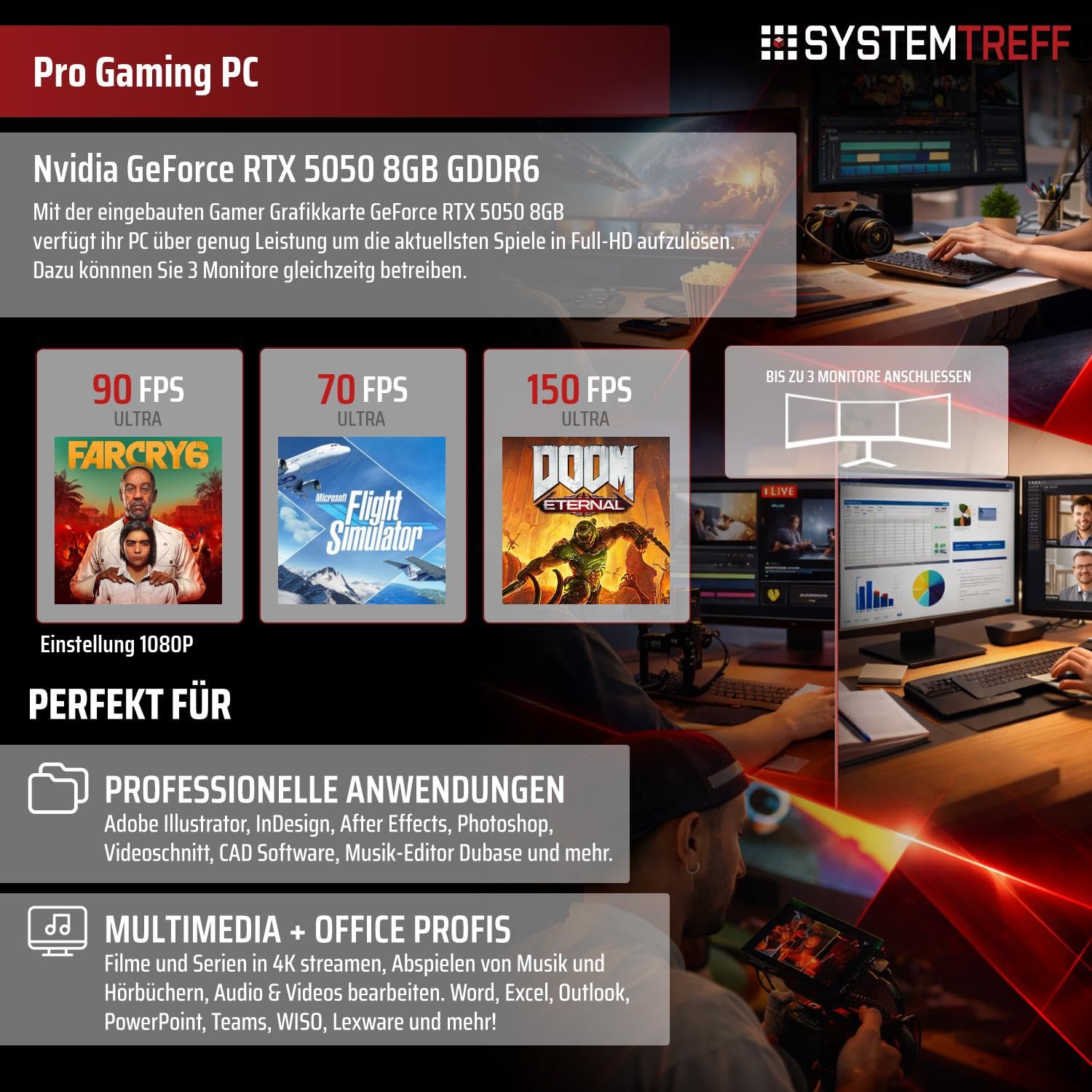 SYSTEMTREFF Gaming PC - AMD Ryzen 5 5500 - RTX 5050 8GB GDDR6 | AMD 6-Kern CPU bis 4.2 GHz, 16GB DDR4, 512GB M.2 NVMe SSD, Nvidia Grafik WLAN, Windows 11, für Gaming, Streaming