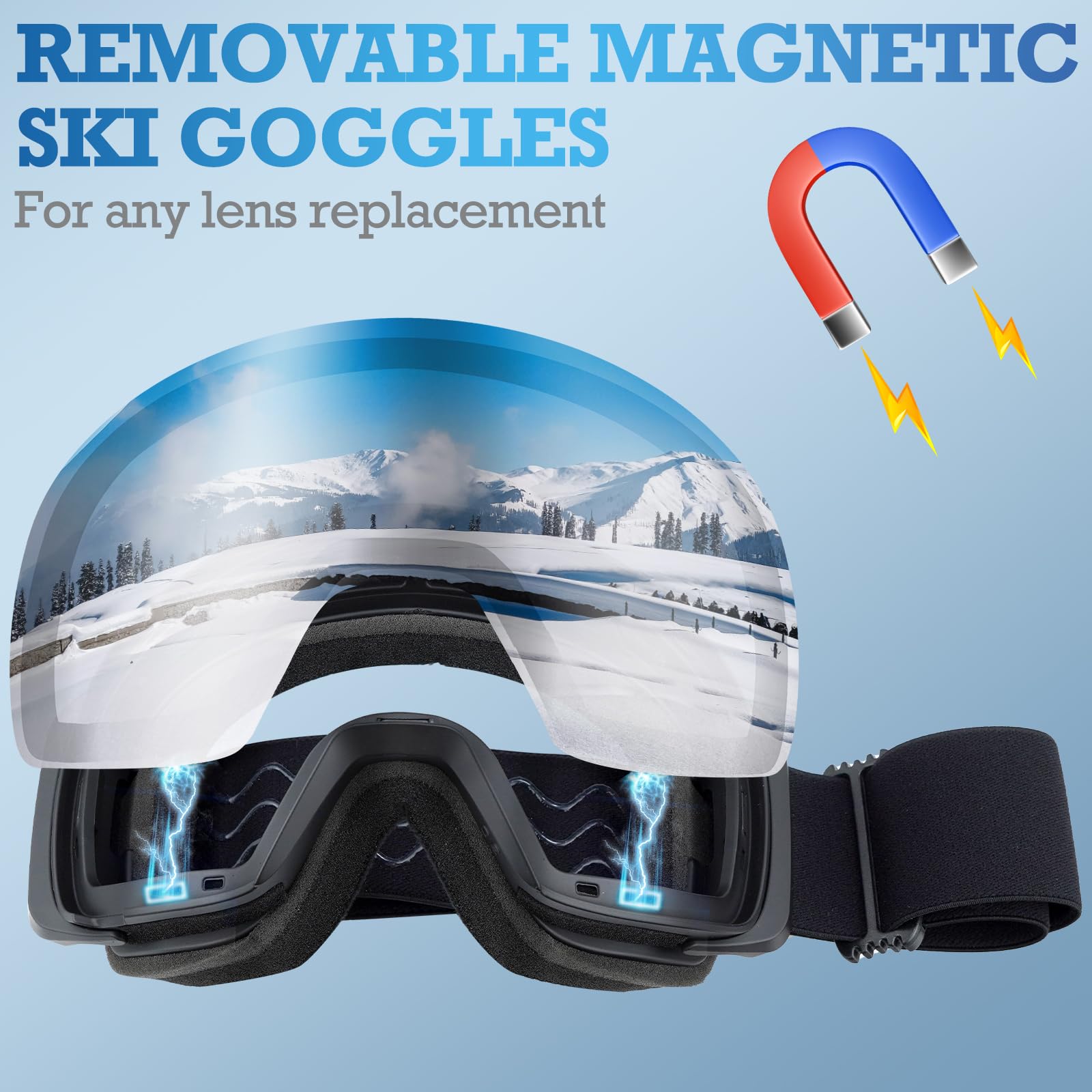 COSMOING Ski Goggles For Women Men Adults, Frameless Magnetic HD Interchangeable Lens Anti Fog 100% UV400 Snowboard Goggles