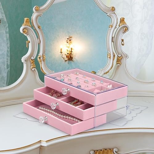 Miniatura 5 de Organizador de joyas de acrílico, caja organizadora de almacenamiento de cosméticos de maquillaje, caja de joyería transparente con 3 cajones, caja