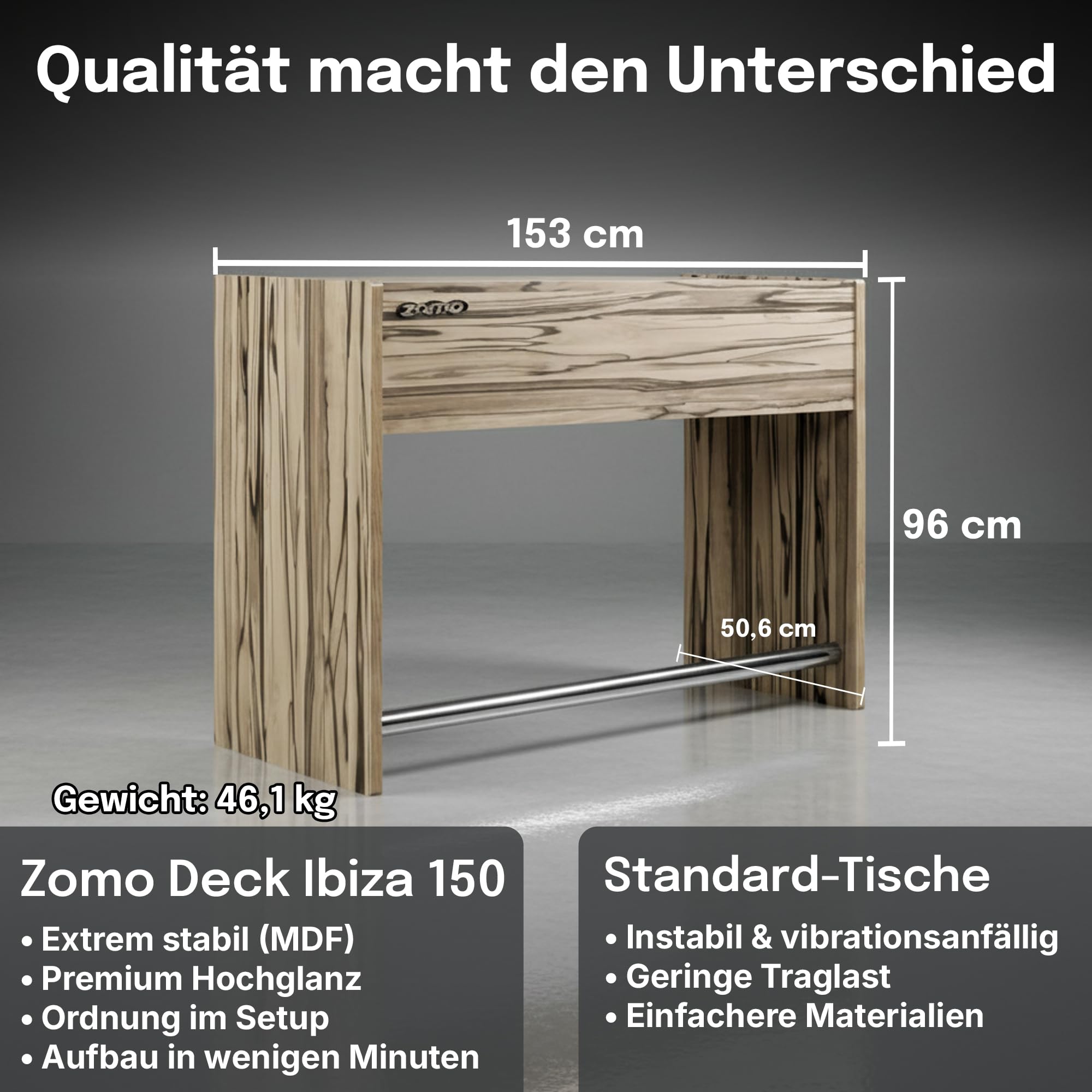 Zomo Deck Stand Ibiza 150 - DJ Tisch 153 x 50,6 x 96 cm - Zebrano - MDF Holz - 46,1 kg - für 2 Decks und einen Mixer bis 19 Zoll