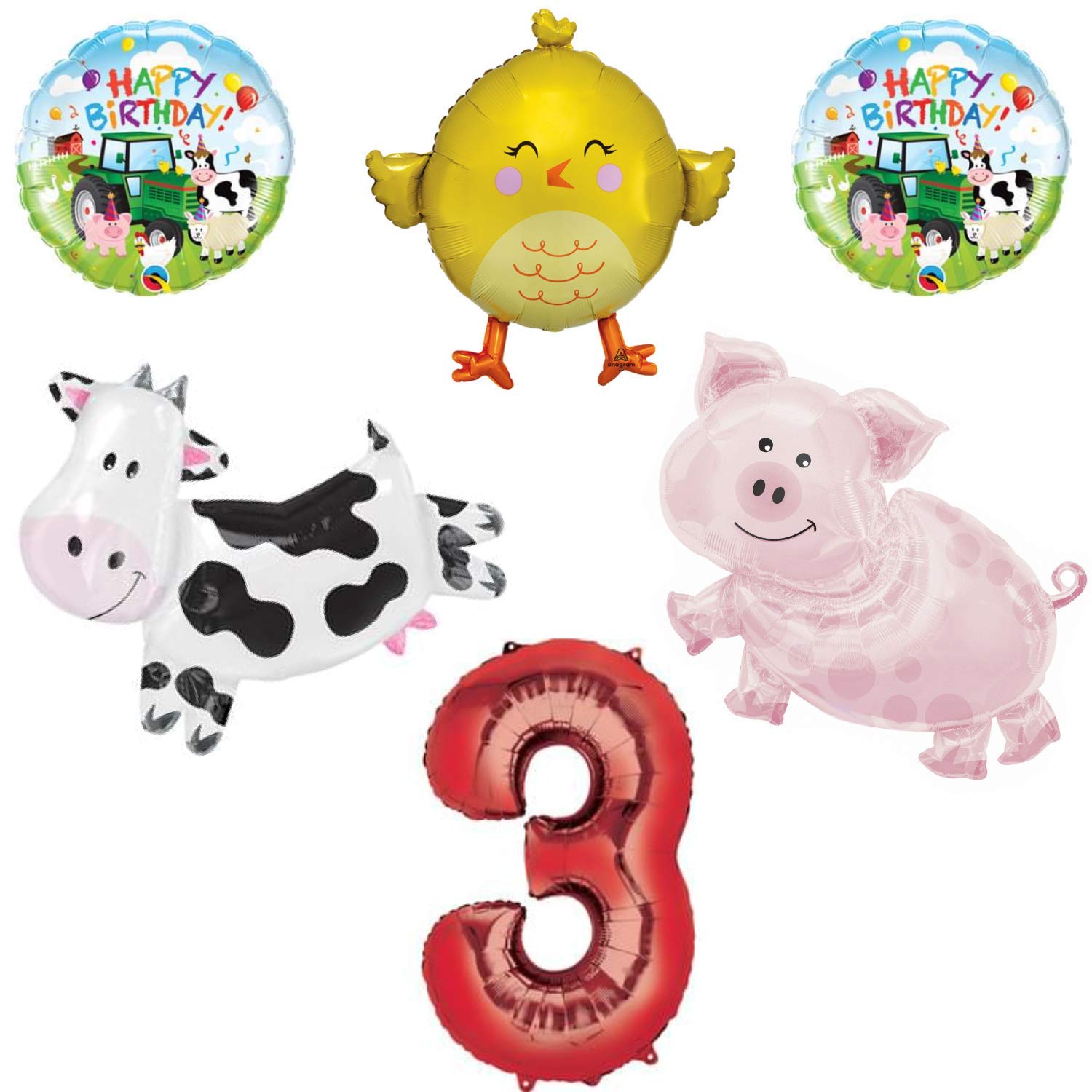 Barnyard Farm Animals 3rd Birthday Big Balloon Bundle, for 3 Year Old, Cow, Pig, Chick