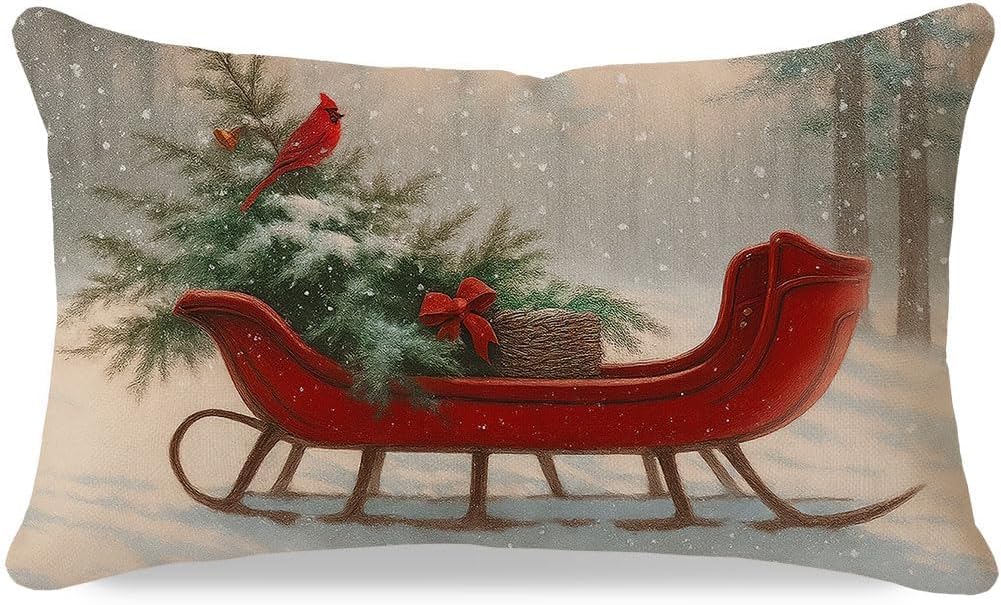 Christmas Throw Pillow Cover 12x20 Inch Vintage Sleigh Rides Bow
