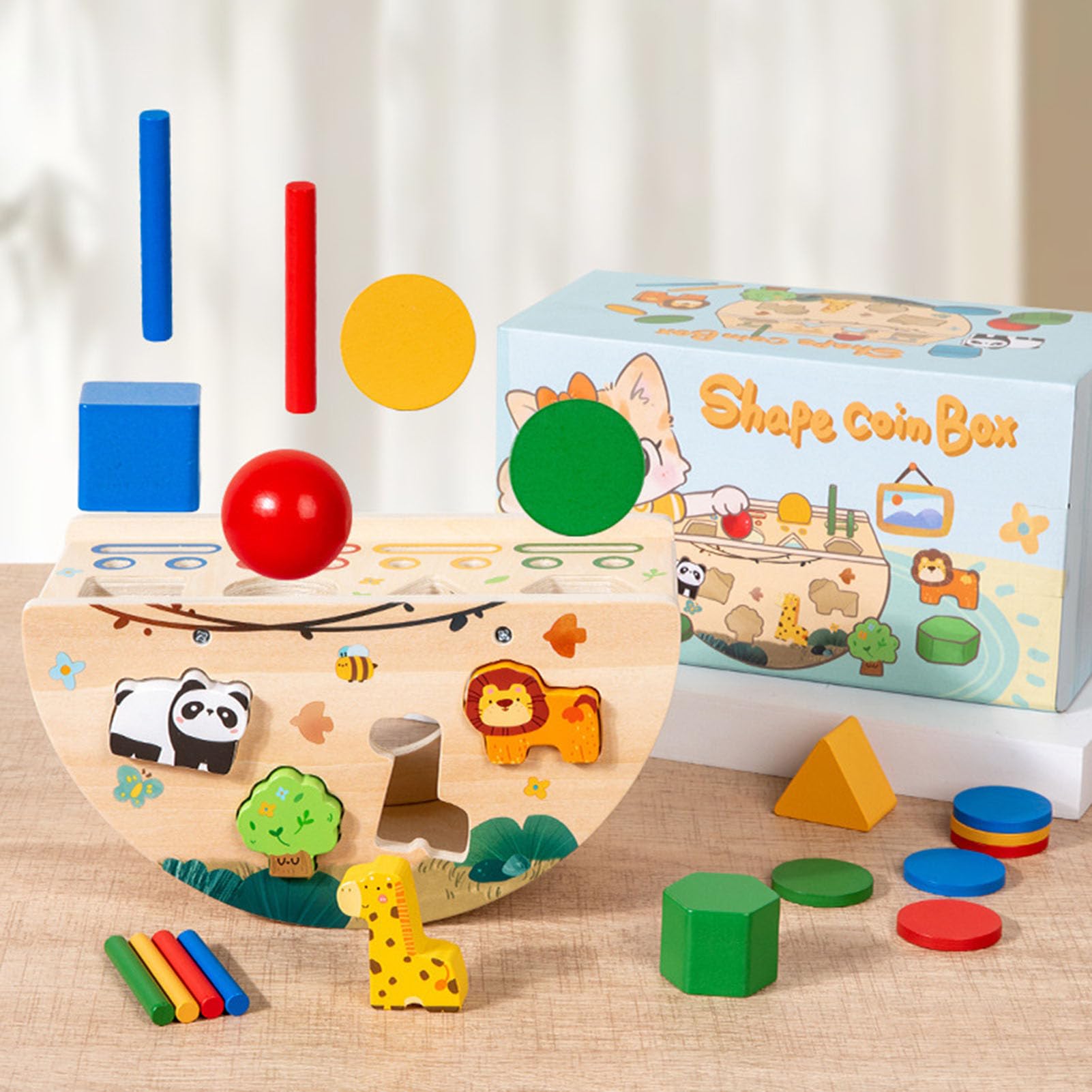 Cubo de Actividades de Madera Multifuncional Montessori, Clasificador de Formas y Juguete de Monedas