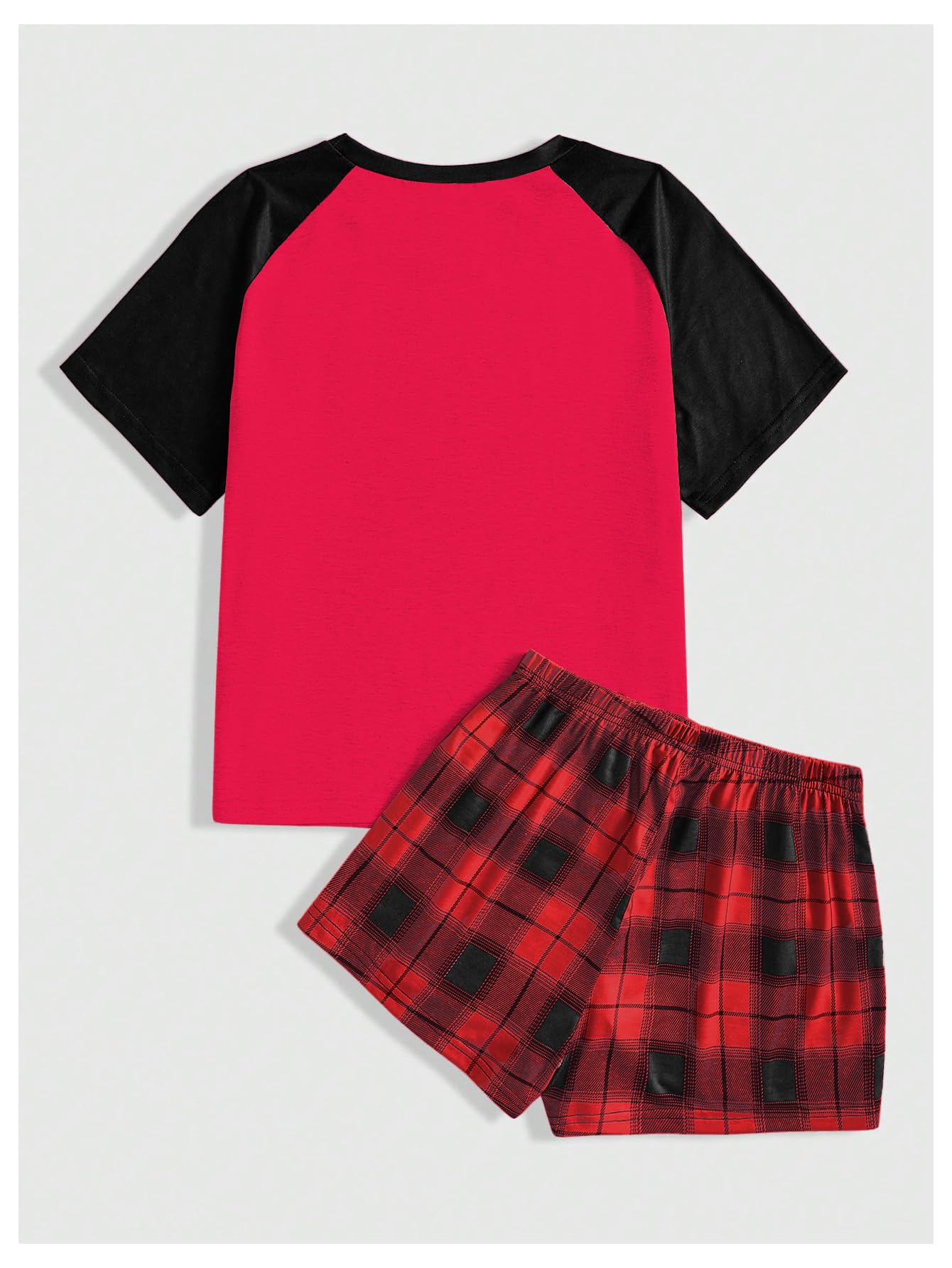 Verdusa Women's 2 Piece Pajama Sets Summer Pajamas for Women Set Plaid Pj Set Tee and Sleepwear Lounge Sets: X-Small Red and Black