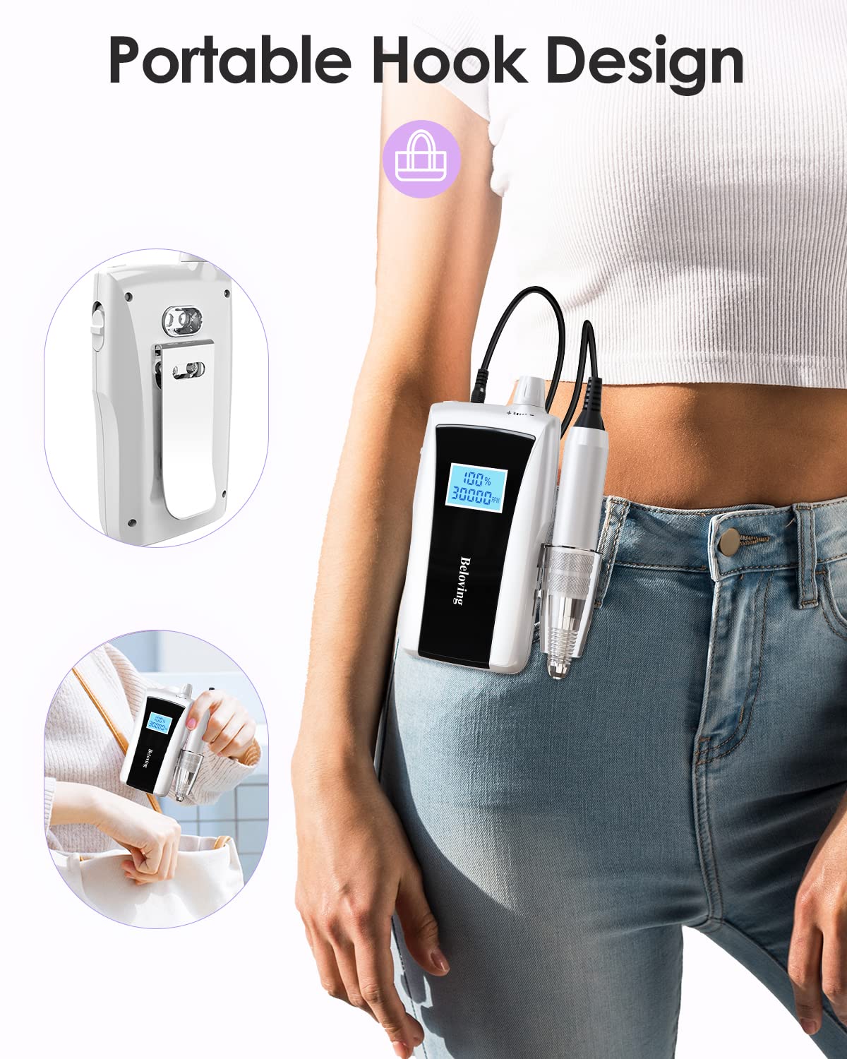 Beloving Nagelbohrer, 30000 U/min, wiederaufladbar, elektrische Nagelfeile, professionell mit Geschwindigkeitsanzeige, Schleifbänder und Bits, tragbares Efile für Acryl-Dip-Gelnägel, Maniküre,