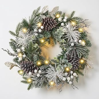 Valery Madelyn 46 cm / 18 Inch Christmas Wreath Large for Front Door Wreath with Pine Cones Berries Advent Wreath 20 with LED Timer for Christmas Decoration Table Silver White