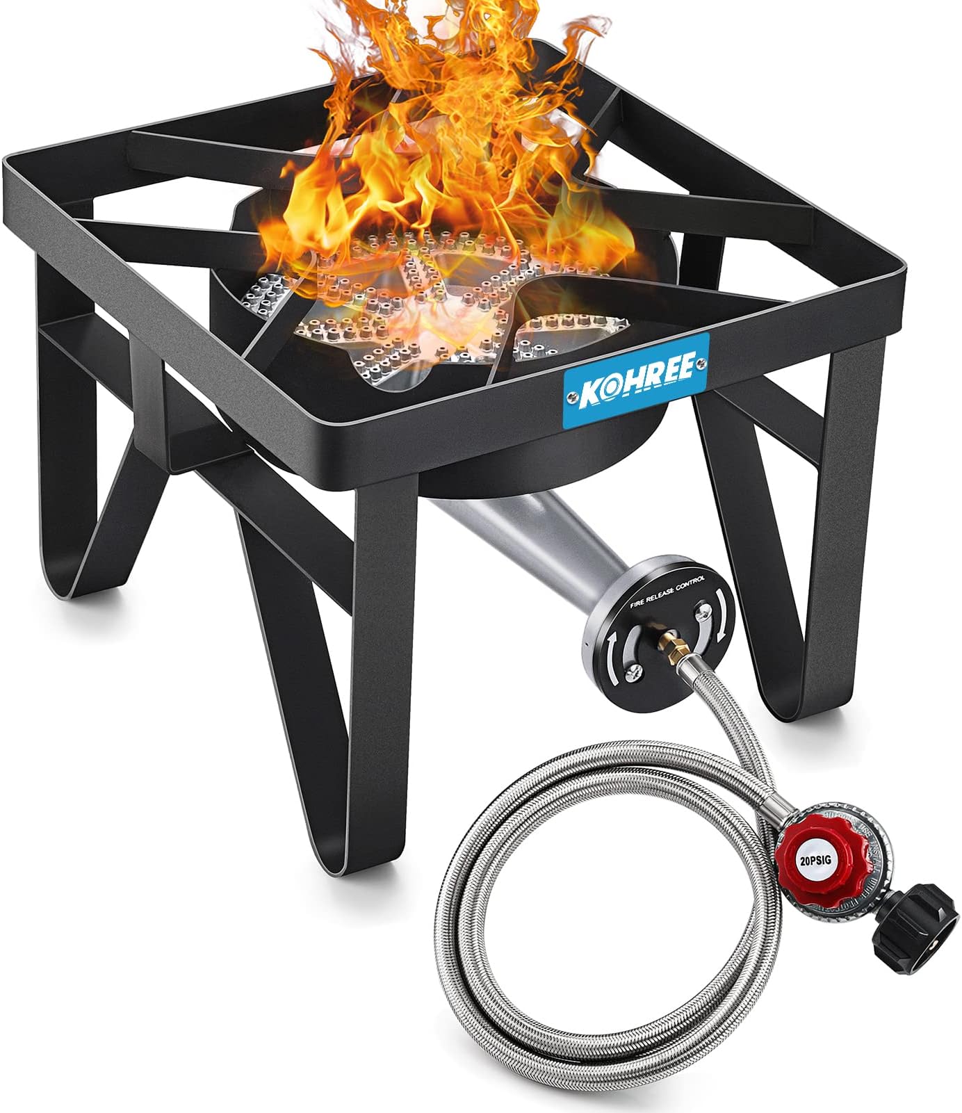 Kohree Propane Gas Burners for Outdoor Cooking, 200, 000 BTU Single Burner Outdoor Propane Gas Stove Cooker W/ 5FT Steel Hose & 20PSI Adjustable Regulator for Camping,Turkey Fry,Backyard,Soup Boiling