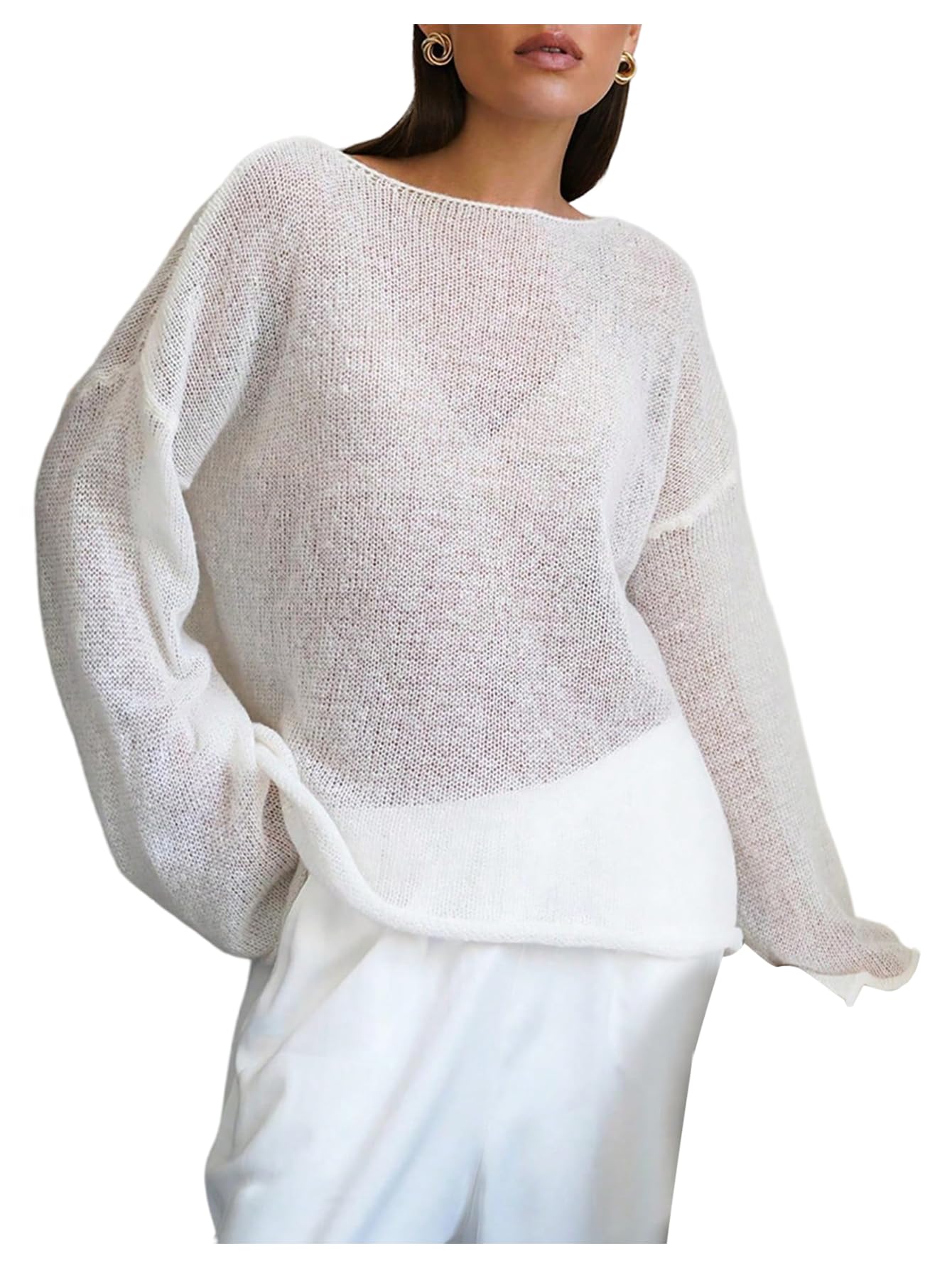 SHENHE Womens Oversized Sweater Jumper Boat Neck Lightweight Sheer Knit Top Pullover