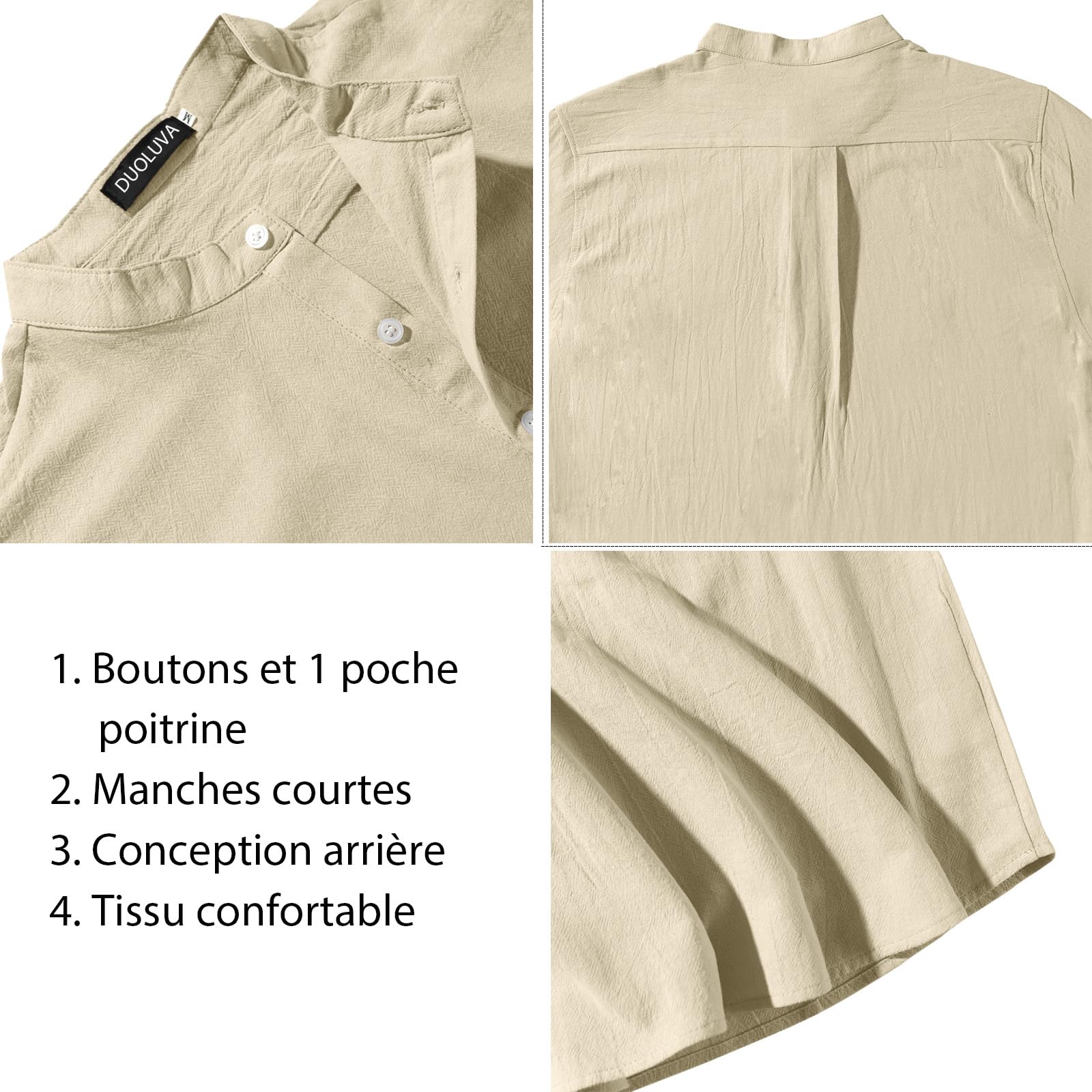 Chemise Lin Homme Manche Courte Shirt for Mens Col Mao Leger en Coton Plage Classique
