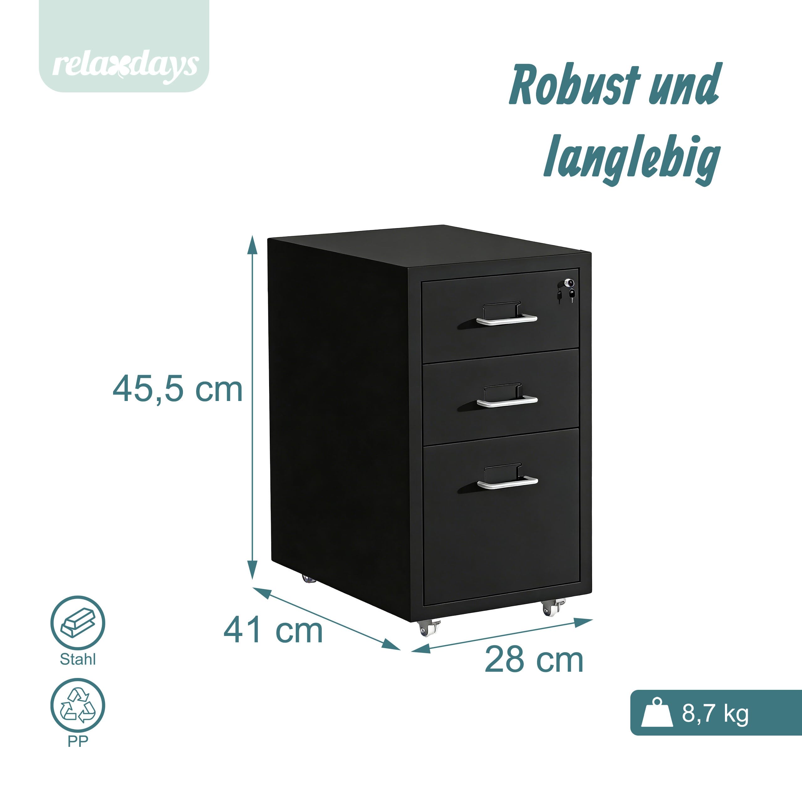 Relaxdays Rollcontainer, 3 Schubladen, HxBxT: 45,5 x 28 x 41 cm, abschließbar, Aktenschrank auf Rollen, Metall, schwarz