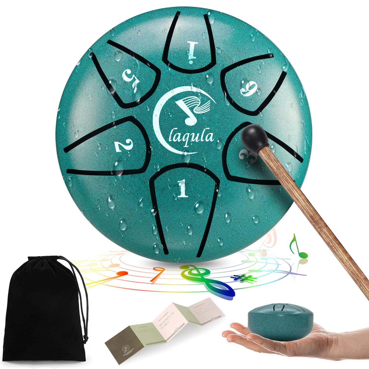 Tambour en Acier Langue 6 Pouces 8 Notes Tambour à Main Tambour à Disque Percussions Avec Livre De Musique Baguette Méditation Yoga Divertissement Musique Education Bagage à Main (Lac Bleu)