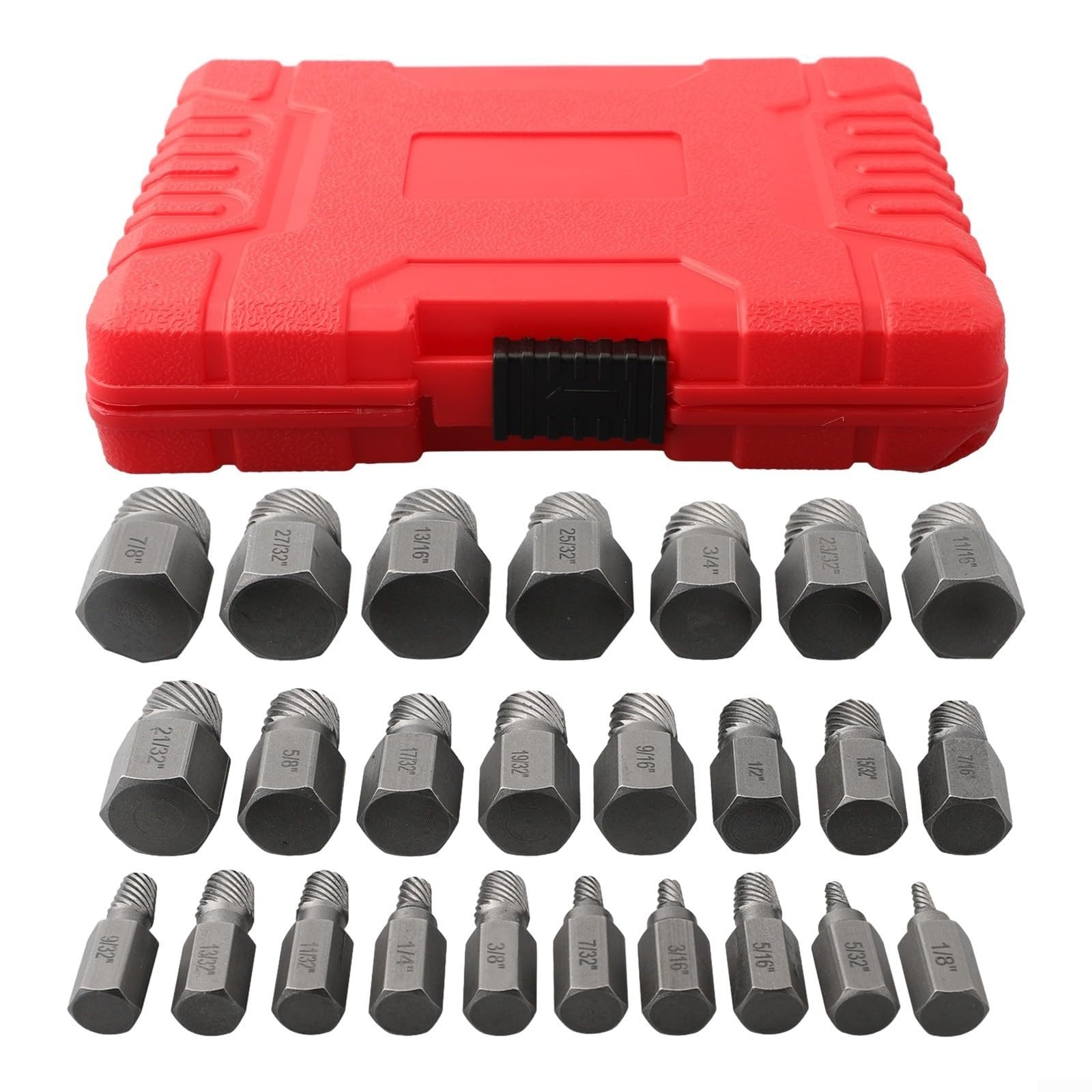 Juego de 25 extractores de tornillos hexagonales, removedor de pernos de acero de alto carbono para tornillos dañados redondeados pelados, diseño en espiral para zurdos para reparación de automóviles