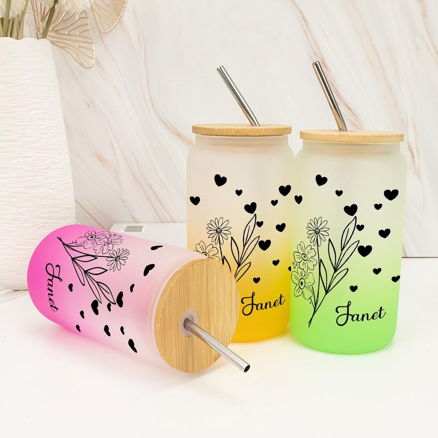 16 Oz Tumbler Cup Customized Birth Flower Glass Iced Coffee Cup with Bamboo Lid – Reusable Tea Cups Glass Water Bottle Bamboo Covered – Christmas Gifts for Women