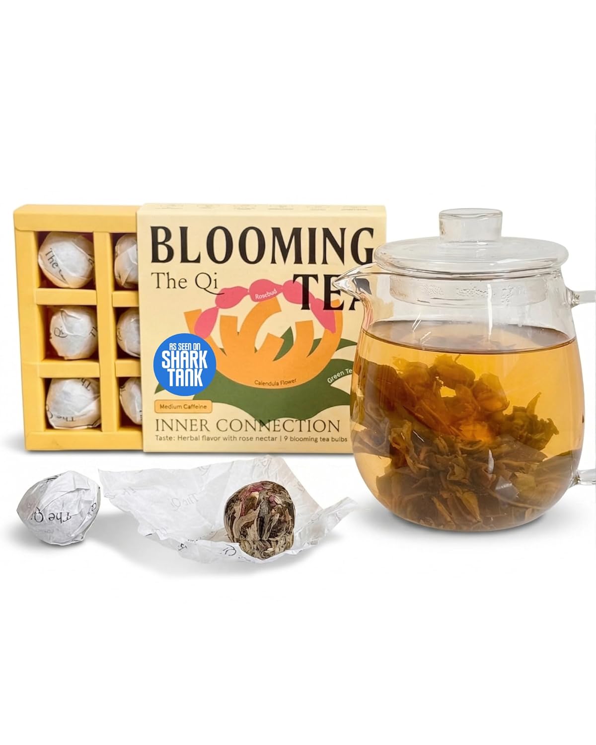 The-Qi Inner Connection Calendula & Rose Blooming Flower w/Green Tea – 9 Pcs Handpicked All Natural Blooming Flower Tea – Gift Set for Inner Calm, Relaxation, & Wellness – Makes 27 Cups
