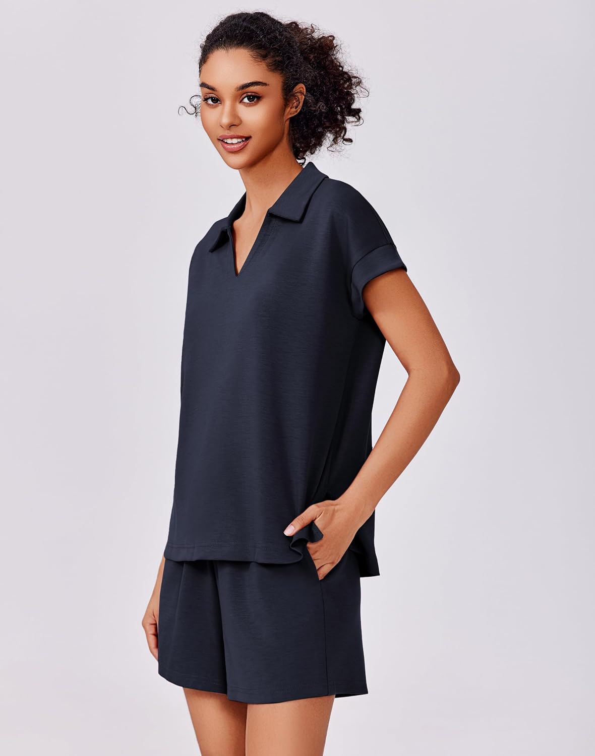 PINSPARK 2 Piece Sets for Women Summer Lounge Sets Short Sleeve Sweatsuit V-neck Tops and Drawstring Shorts Outfits Tracksuit